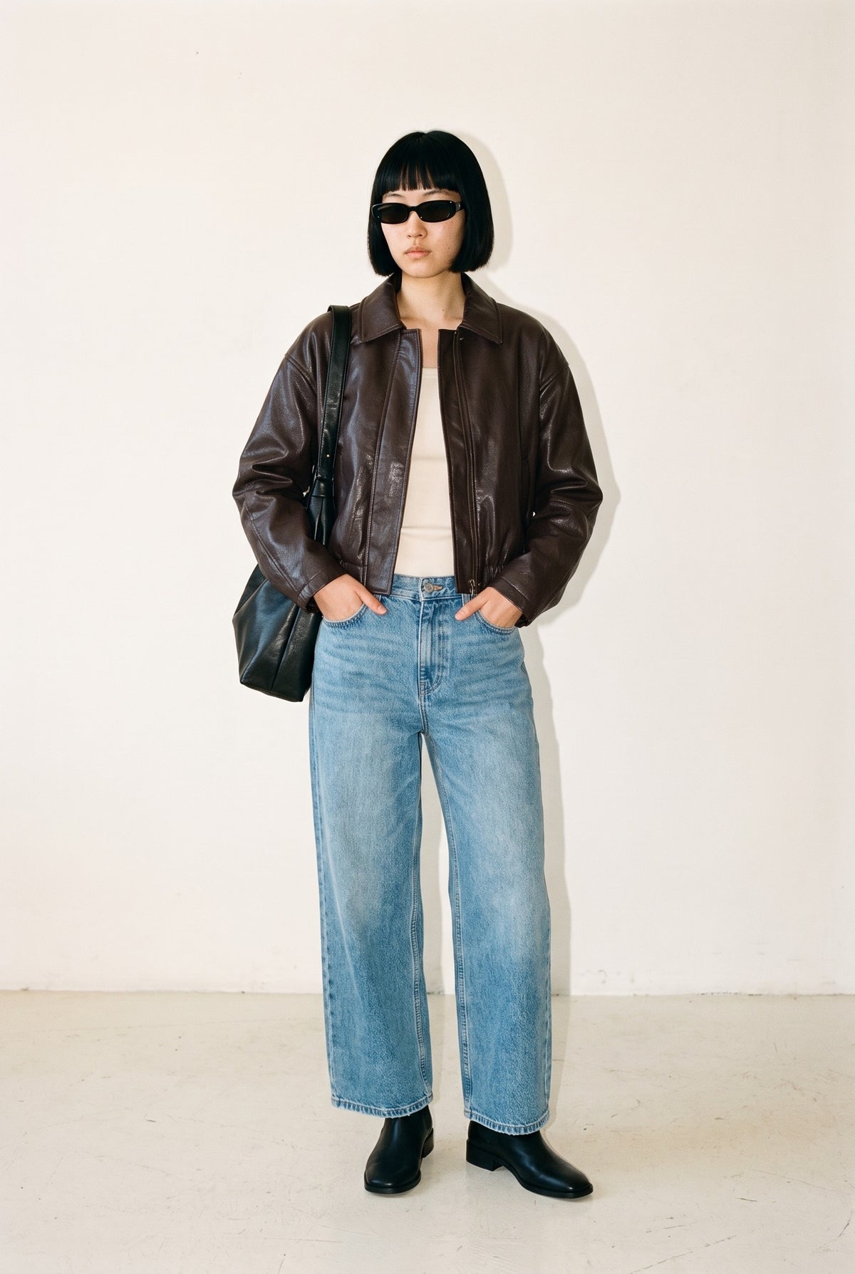 Onlmasja Faux Leather Bomber in chocolate torte — styled with wide-leg denim
