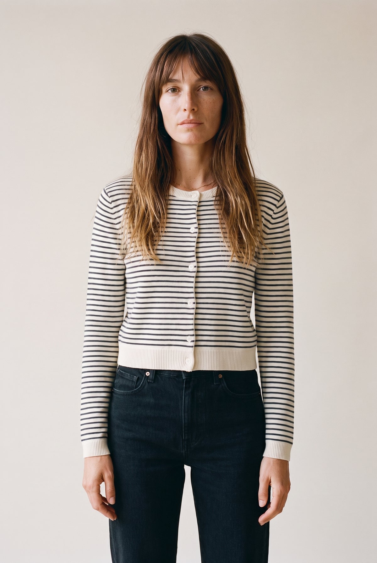 Parisen Striped Cardigan Top Natural Black