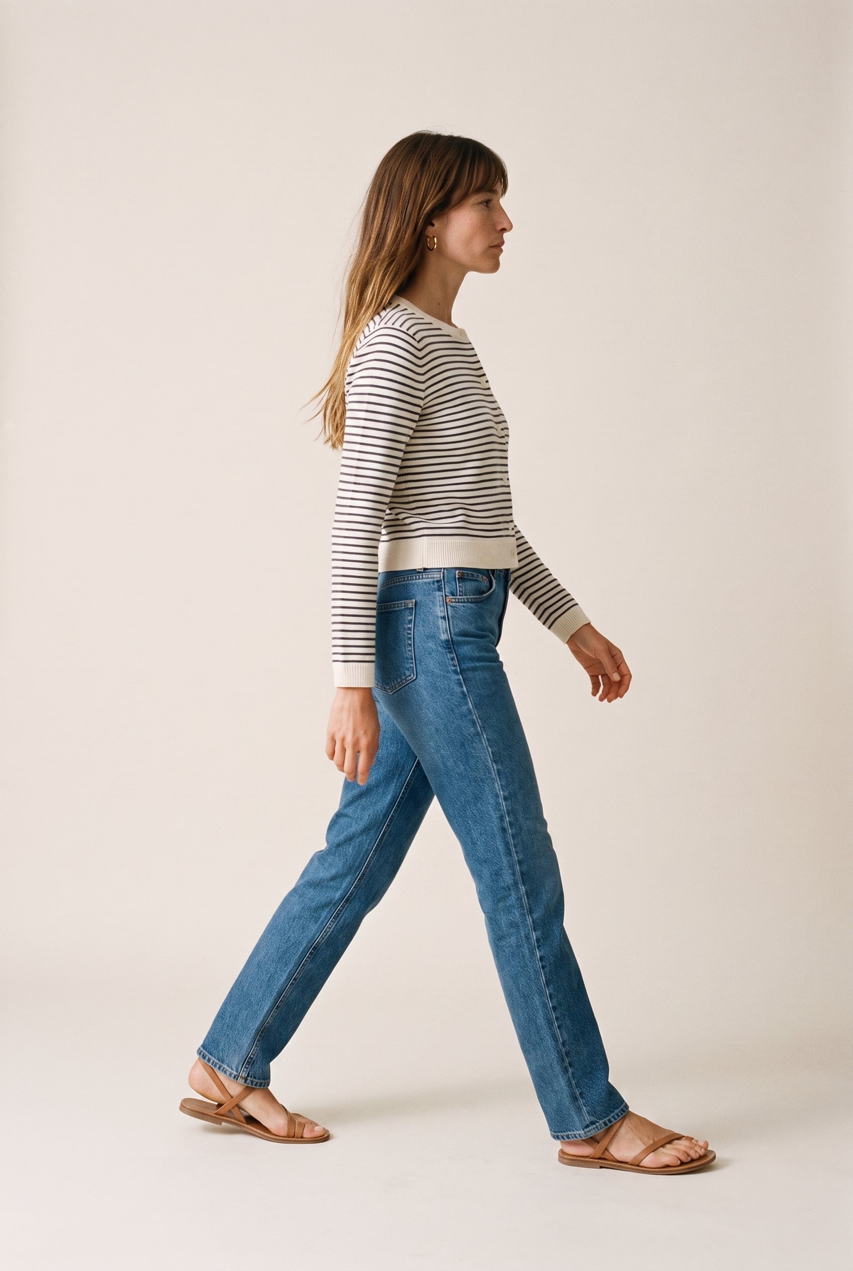 Parisen Striped Cardigan Top Natural Black