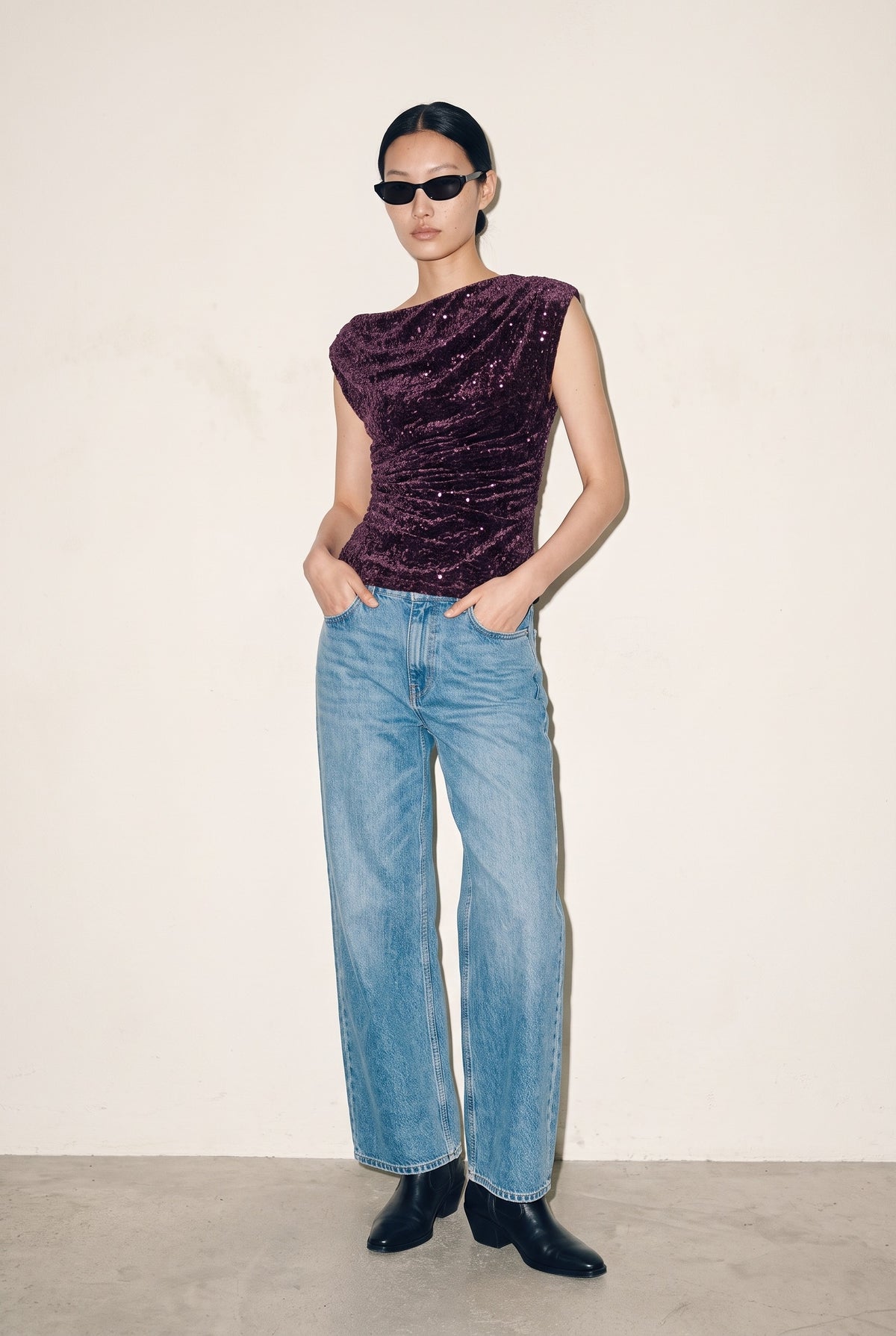 Onlnoxley Sequin Top in winetasting — full length with denim