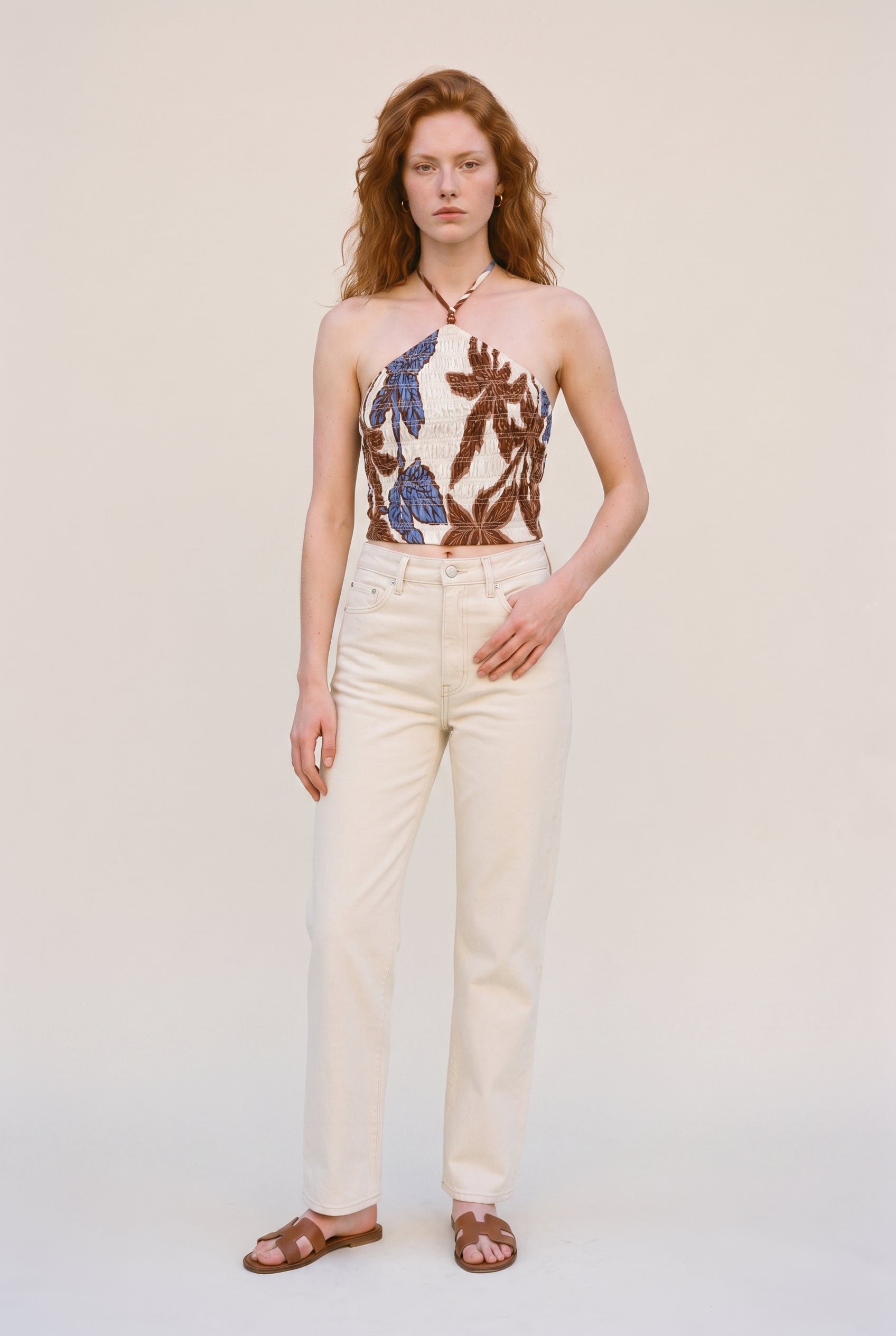 Ensemble haut dos nu smocké élastique et pantalon long ivoire/marron