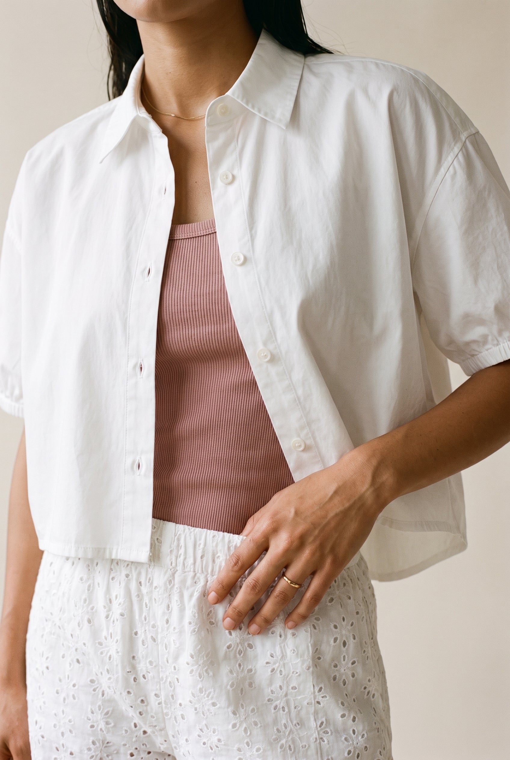 Cropped Short Sleeve Button-Up Shirt