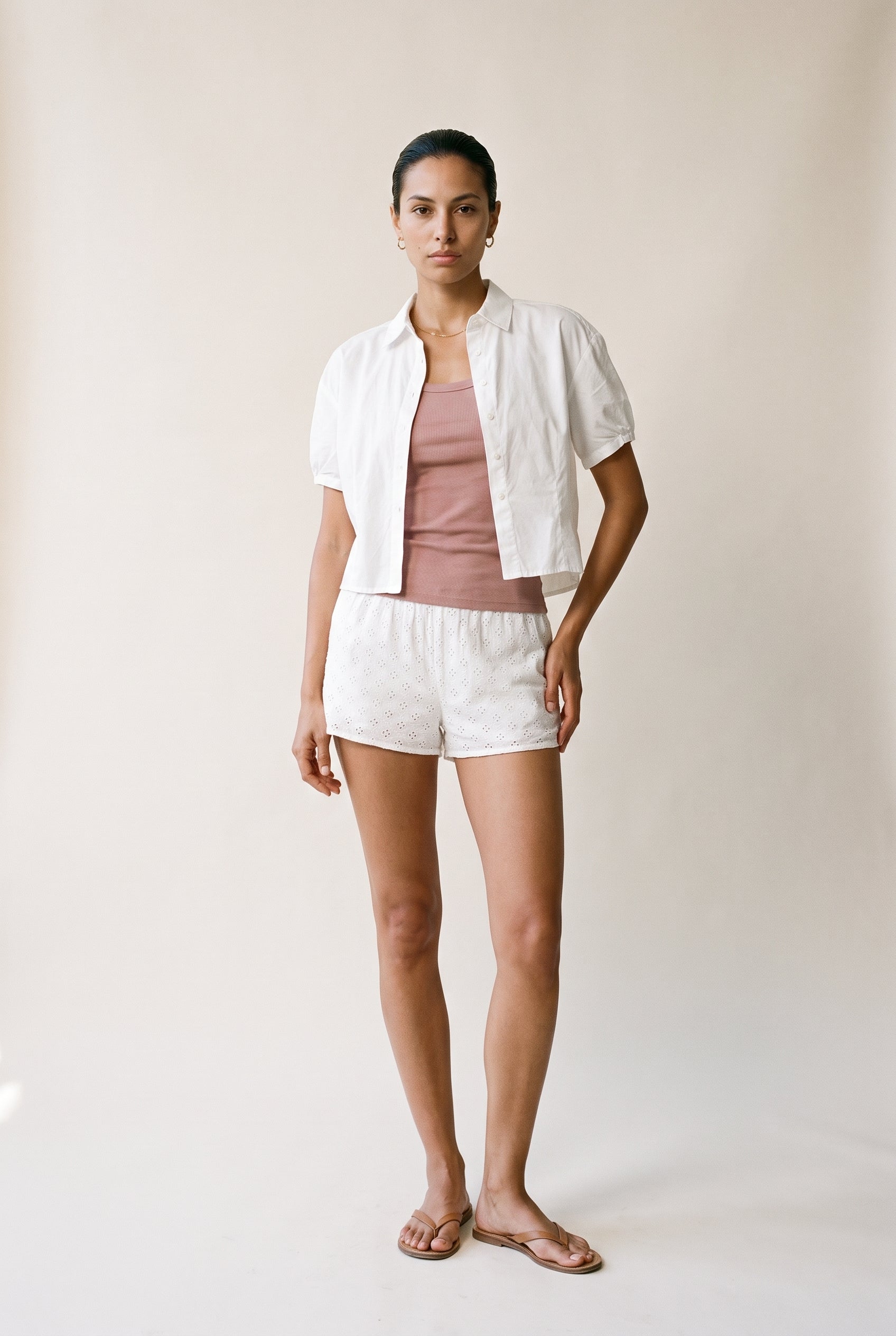Cropped Short Sleeve Button-Up Shirt