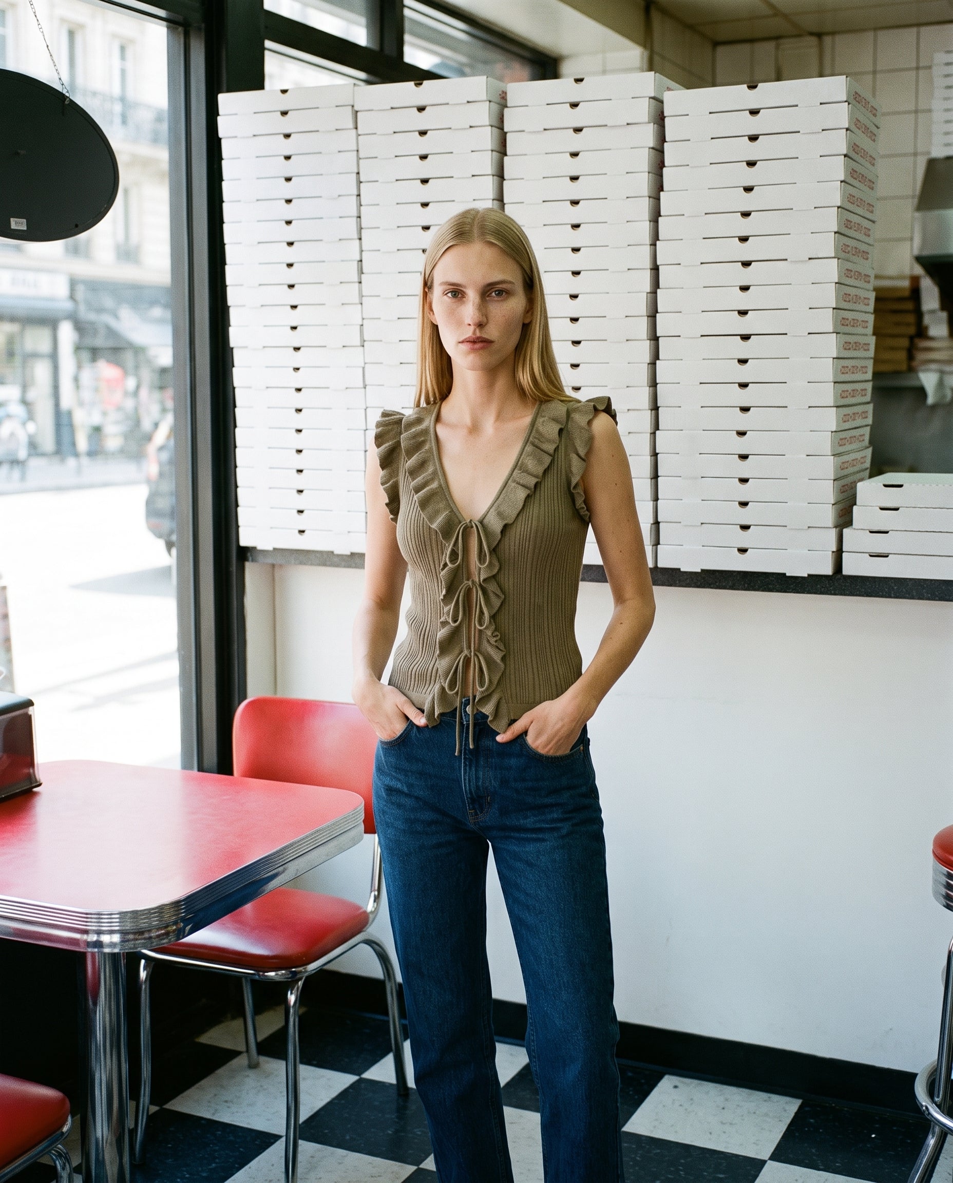 Ruffle Trim Tie Front Vest