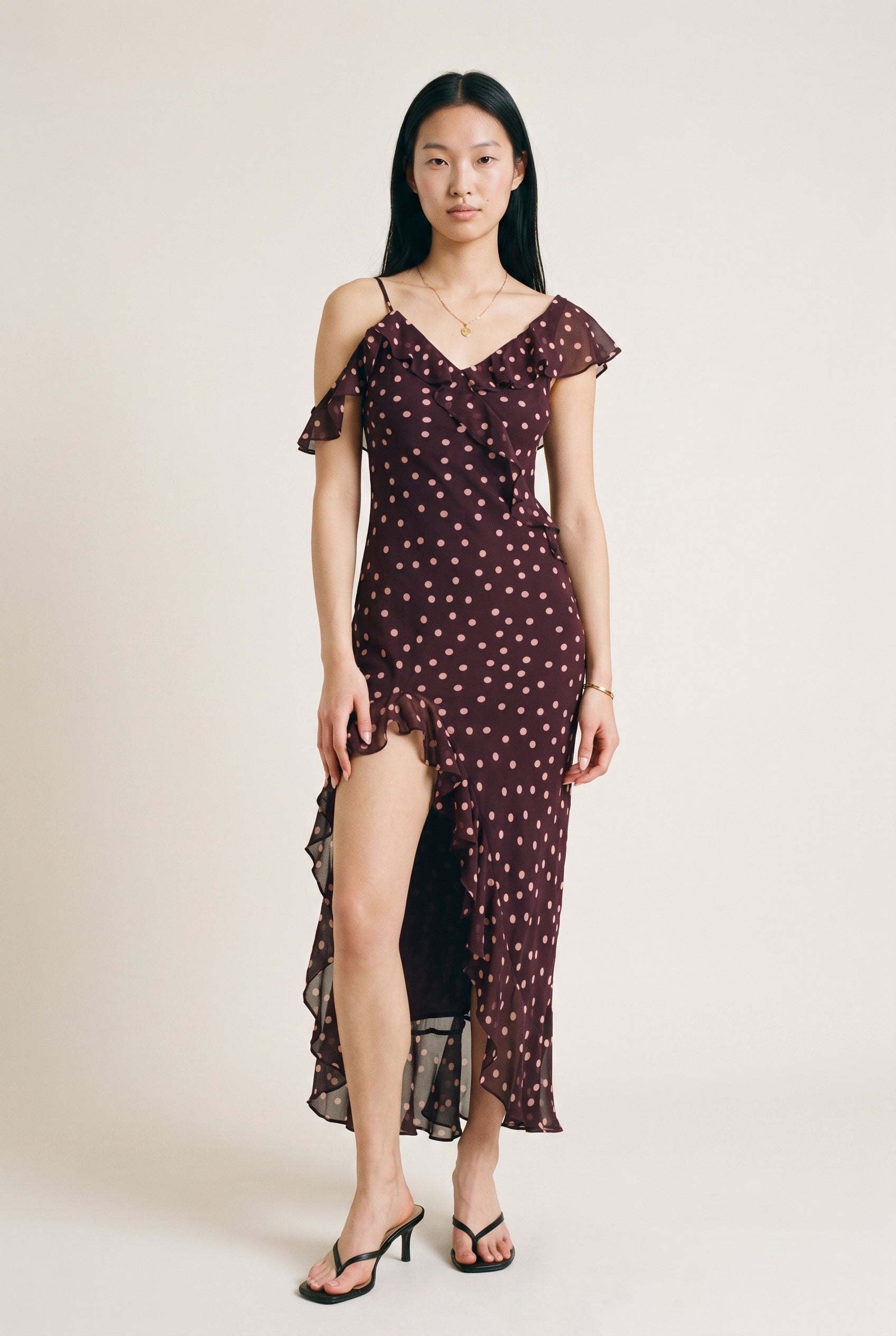 Polka Dot Asymmetrical Ruffled Maxi Dress Fairly Plum