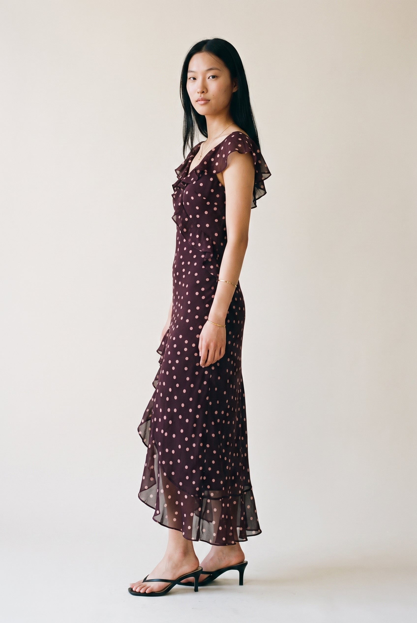 Polka Dot Asymmetrical Ruffled Maxi Dress Fairly Plum