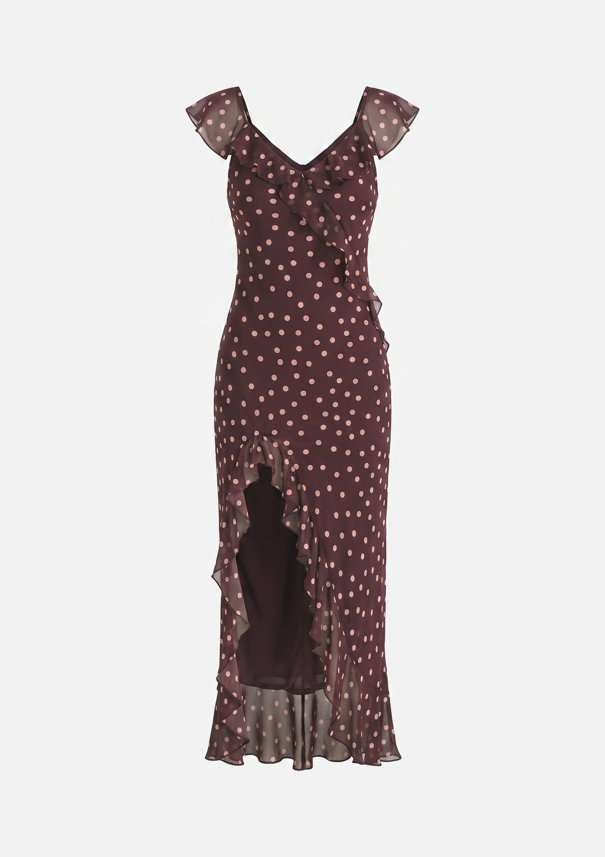 Polka Dot Asymmetrical Ruffled Maxi Dress Fairly Plum