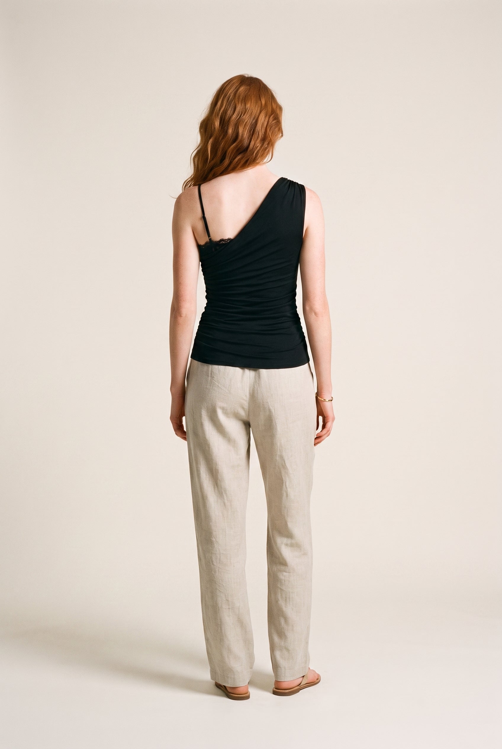 One Shoulder Drape Sleeveless Top W/ Mesh Bra Black