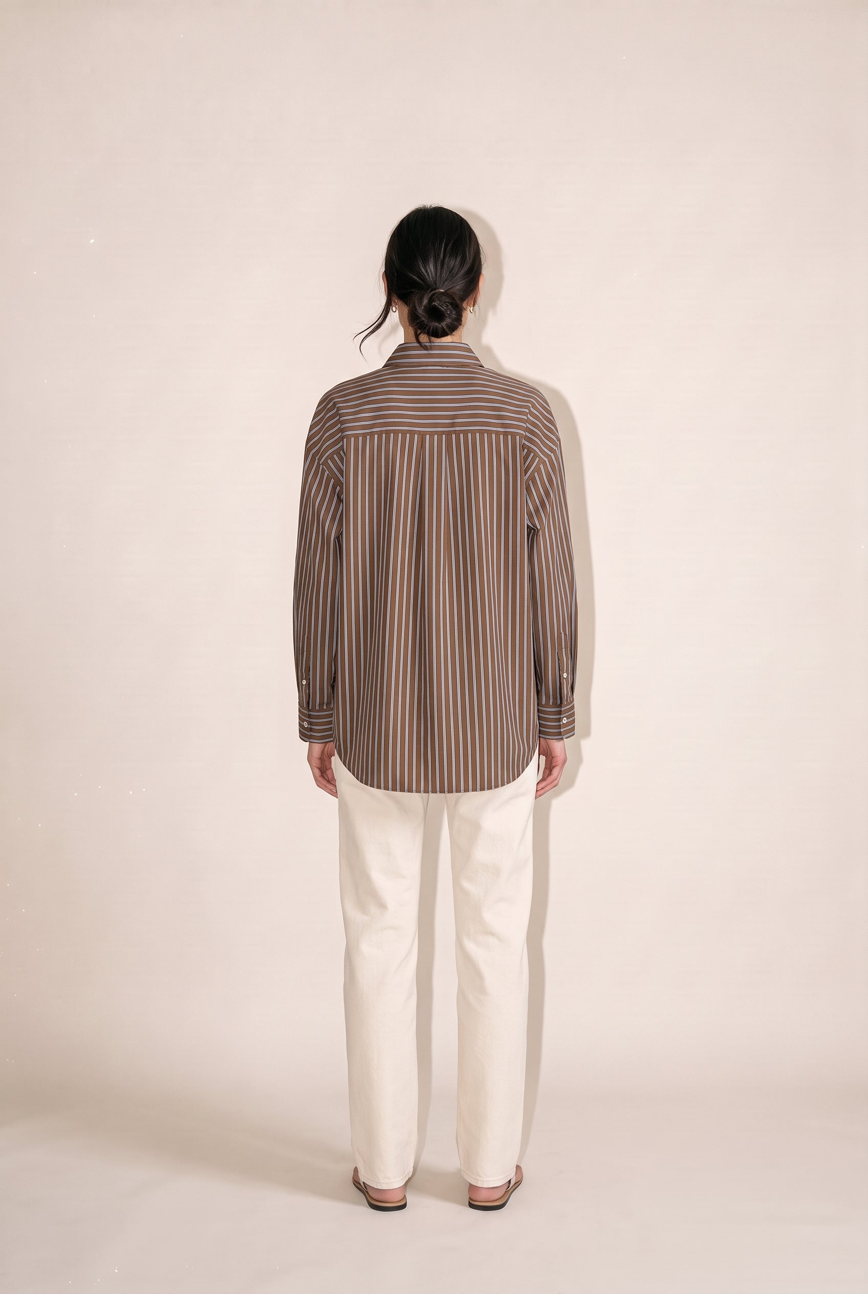 Two Tone Stripe Oversize Buttonup Top Brown