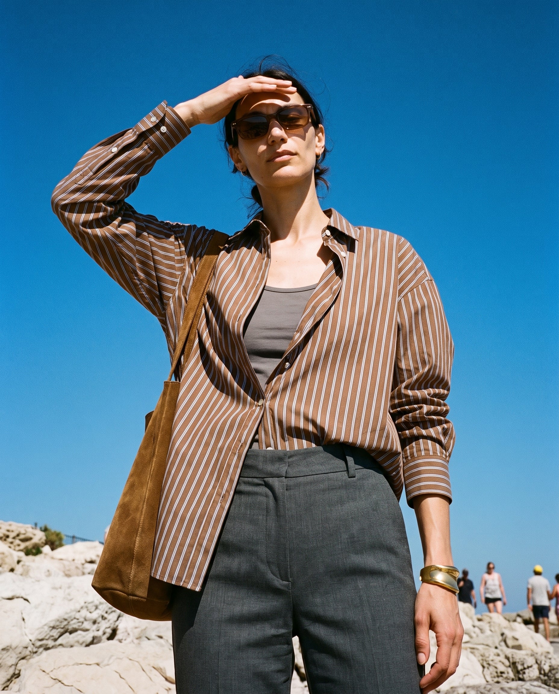Two Tone Stripe Oversize Buttonup Top Brown