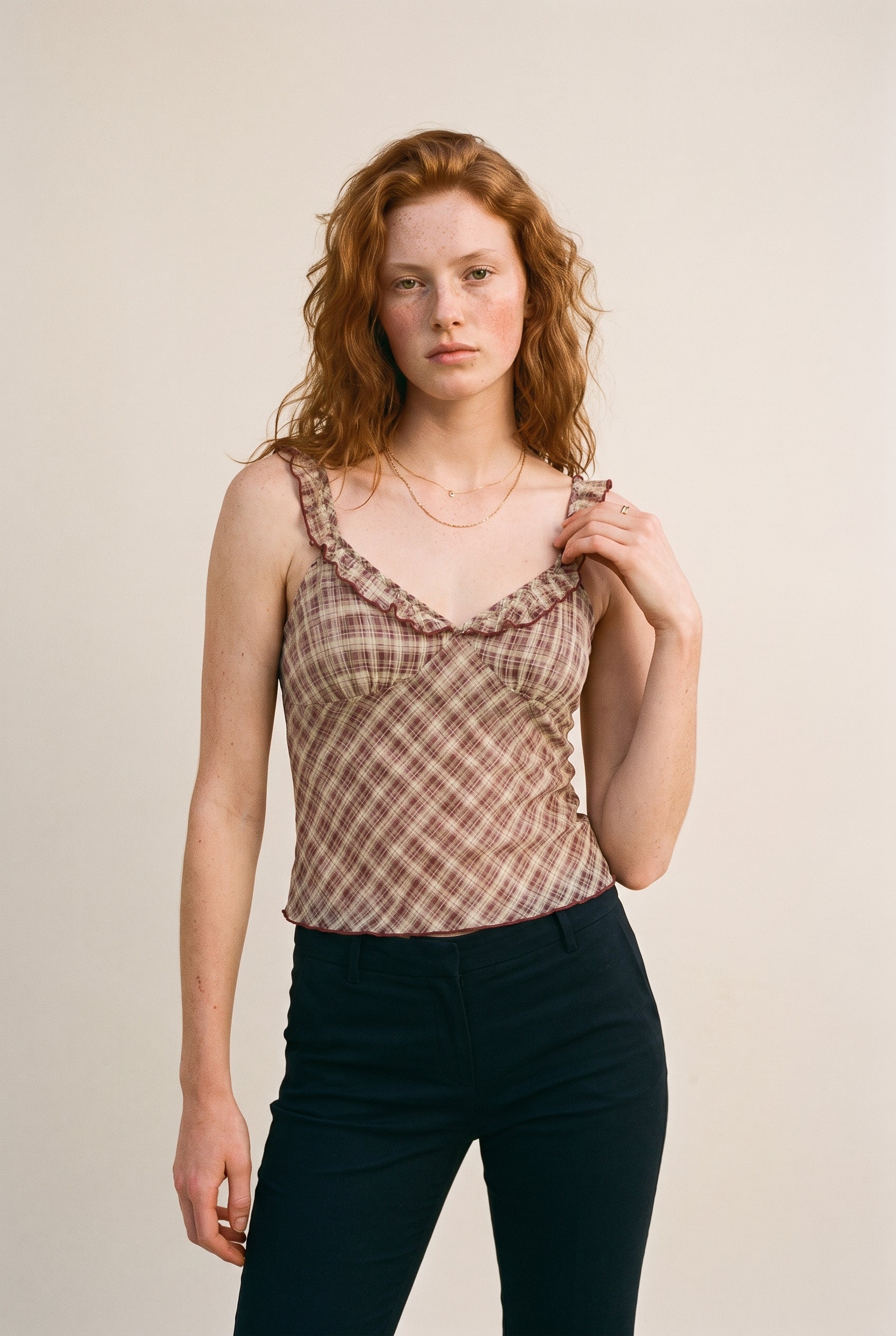Clueless Checker Ruffle Cami Top Eggplant