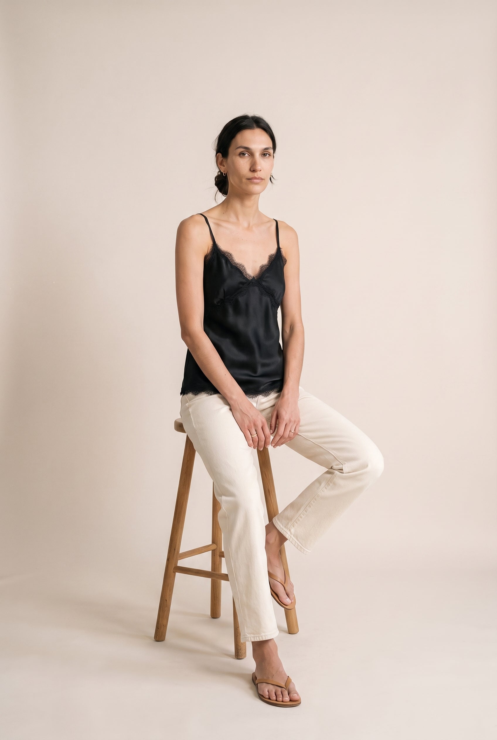 V-Neck Lace Trim Top Black