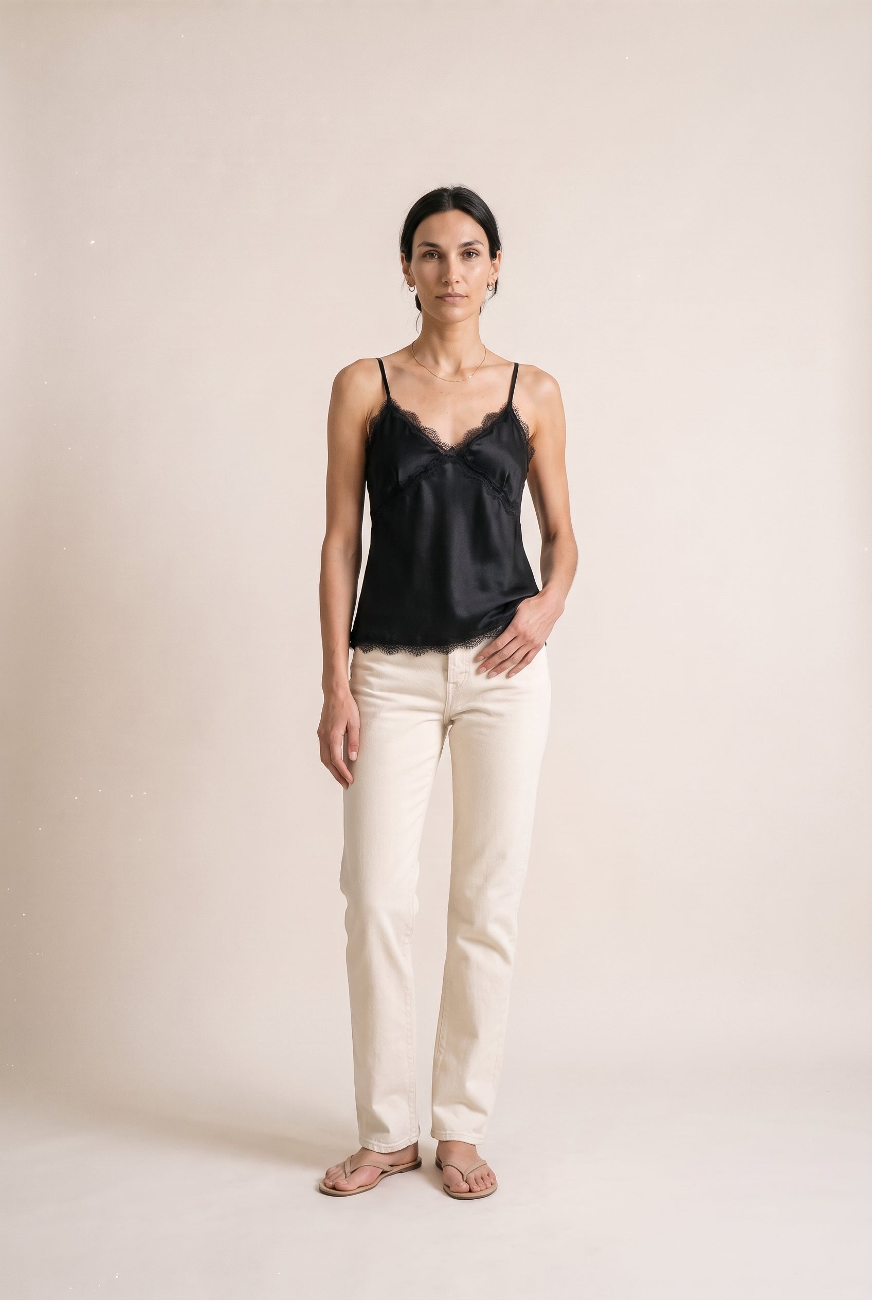 V-Neck Lace Trim Top Black