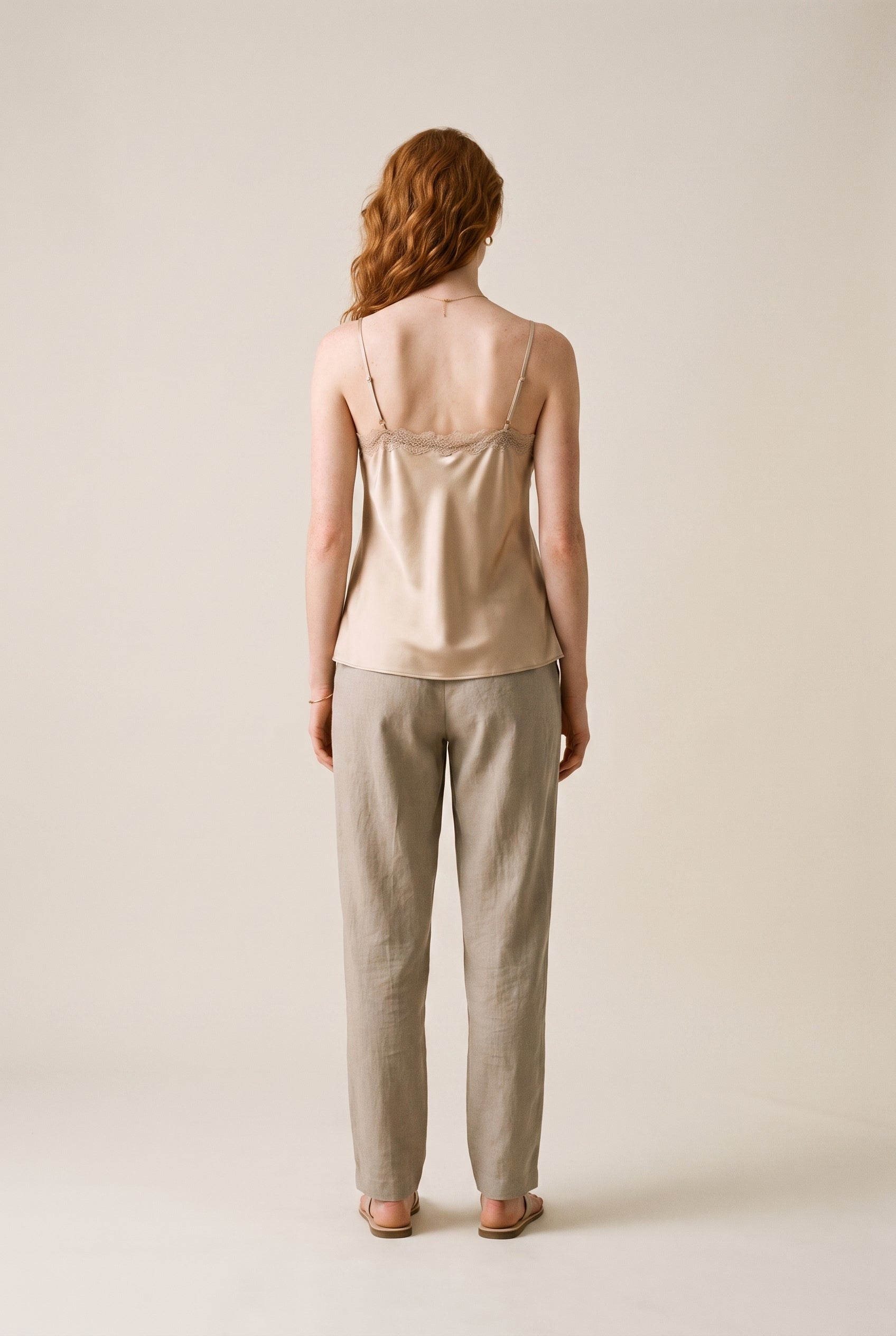 Classic Satin V-Neck Lace Trim Cami Beige