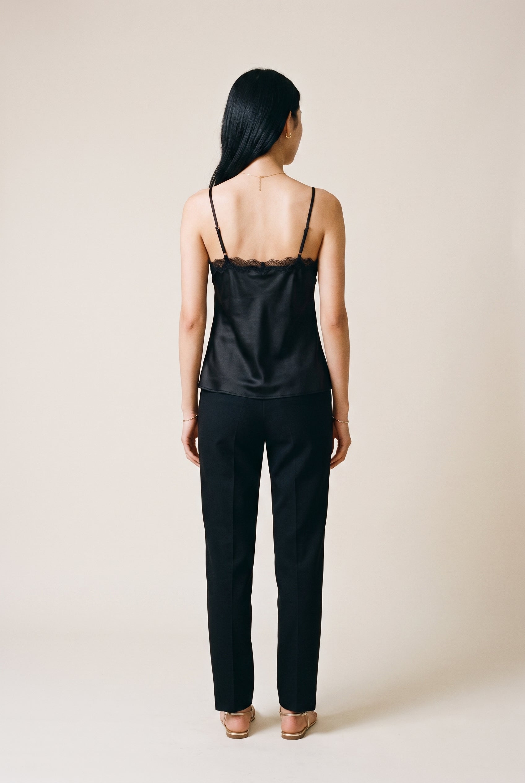 Classic Satin V-Neck Lace Trim Cami Black