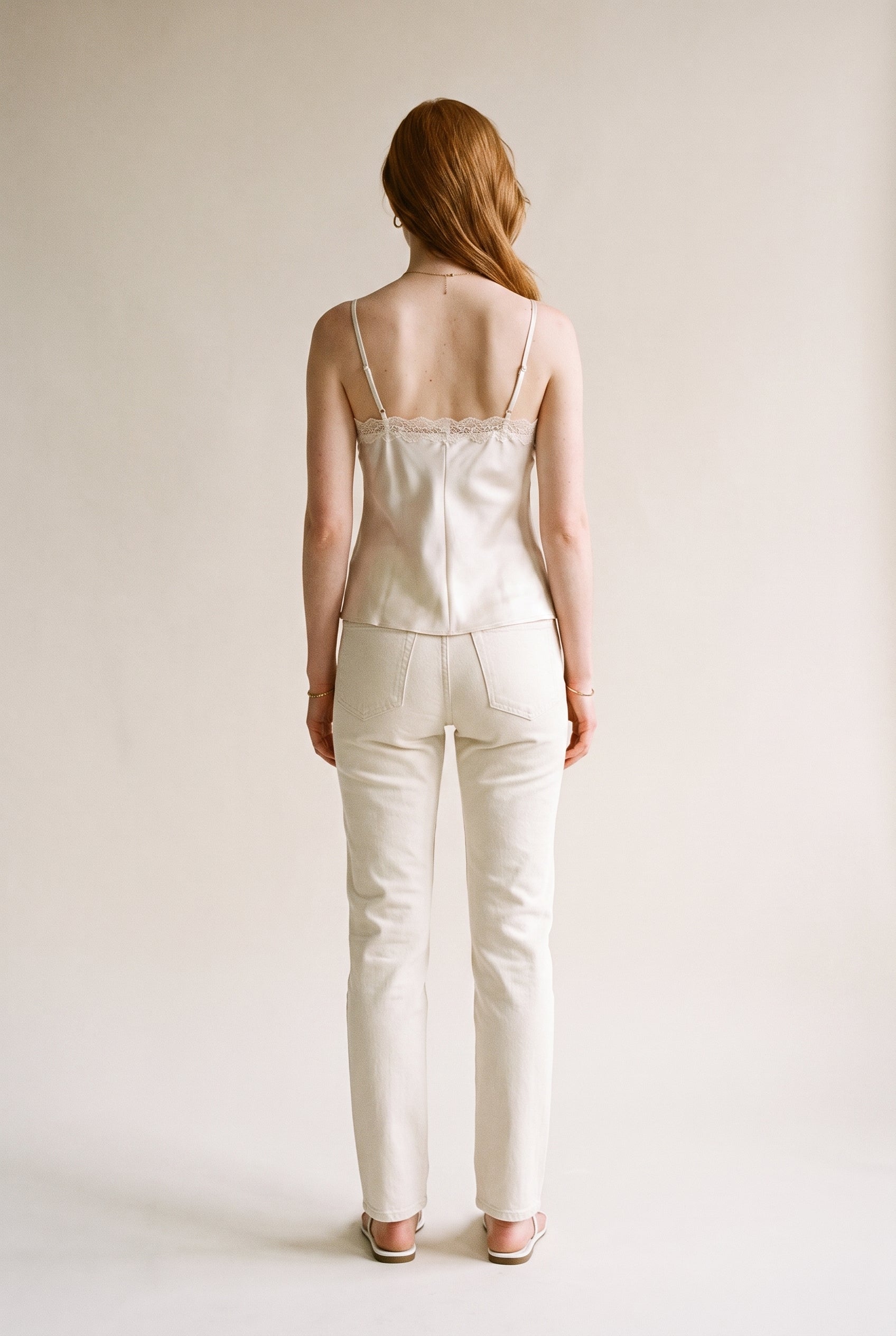 Classic Satin V-Neck Lace Trim Cami Off White