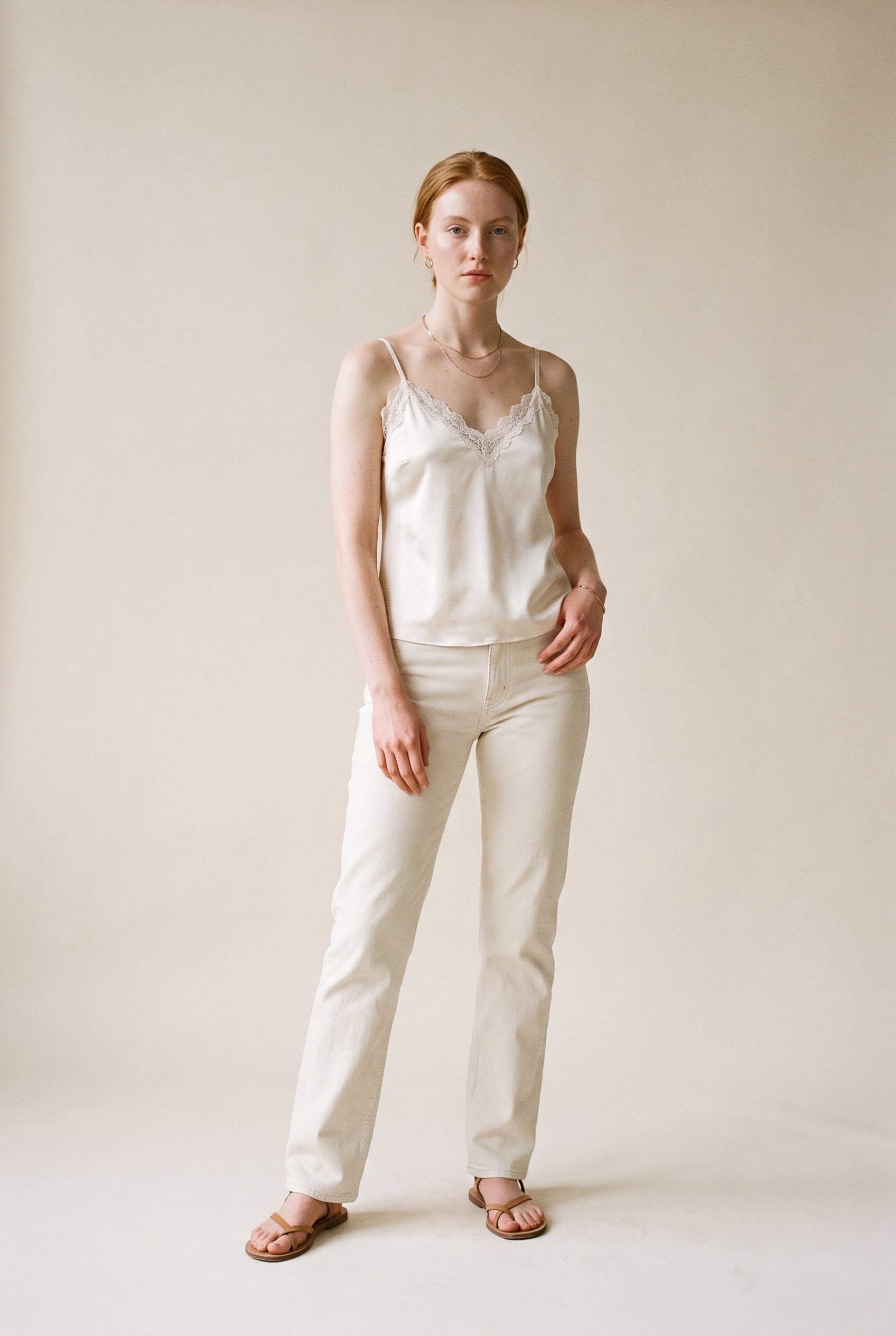 Classic Satin V-Neck Lace Trim Cami Off White