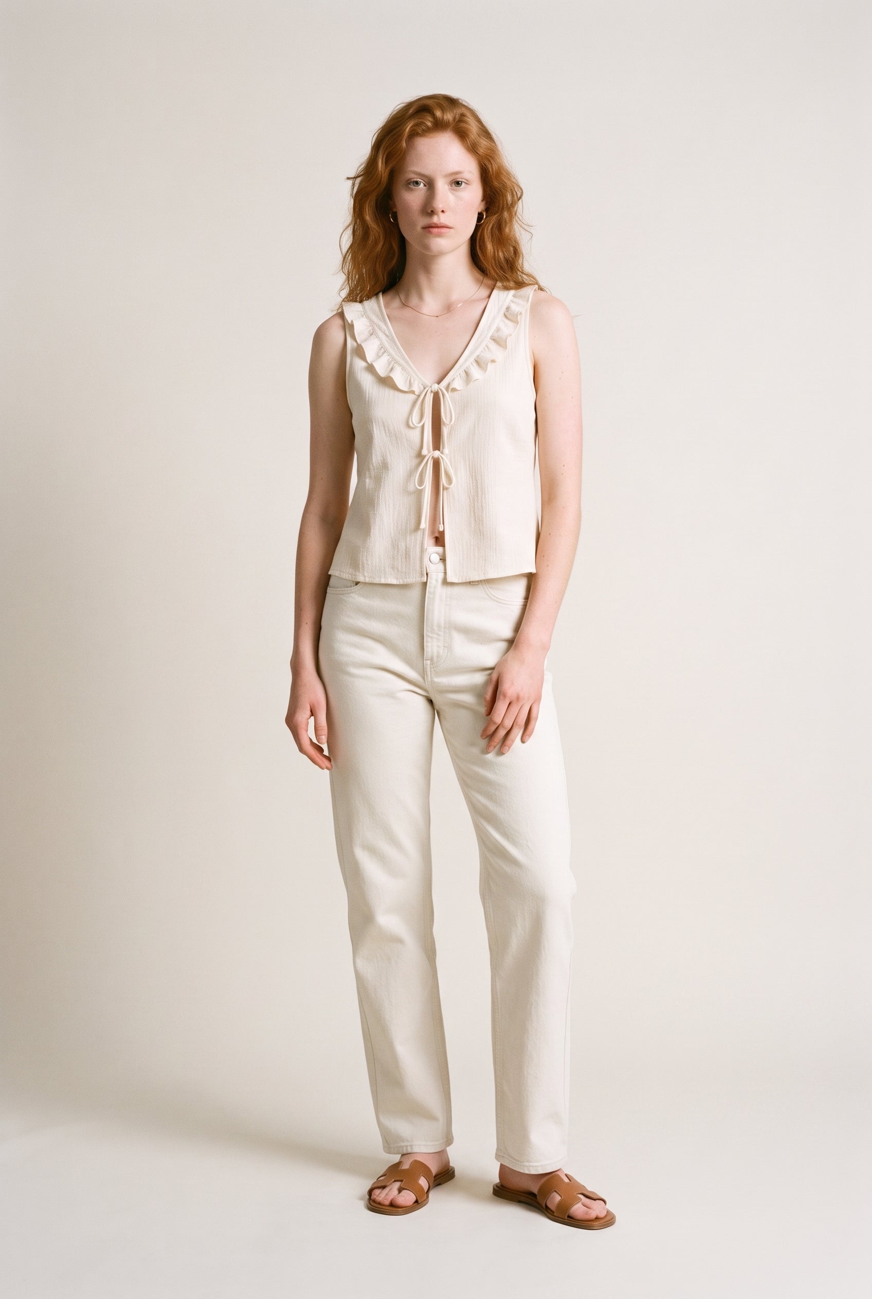 Ruffle Sleeveless Top Cream