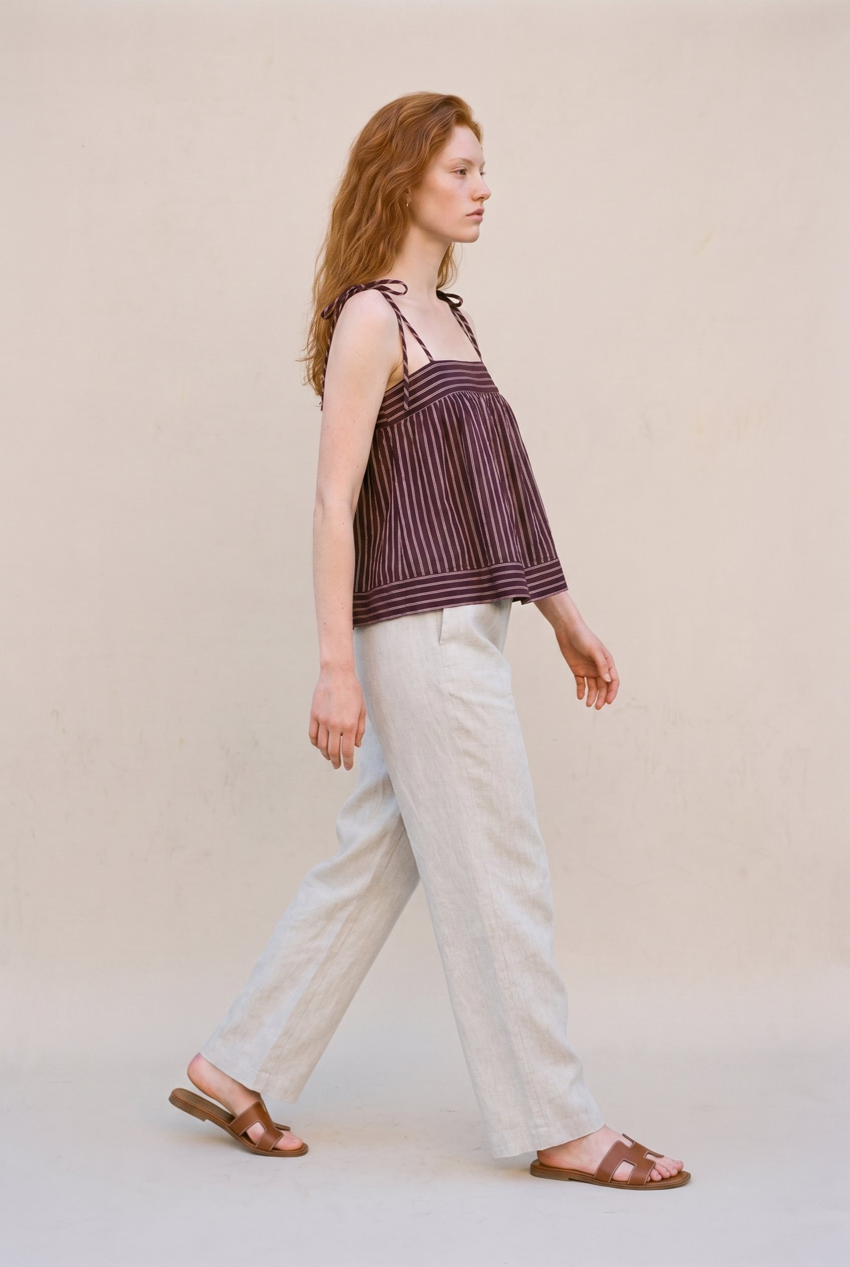 Striped Print Spaghetti Strap Top Brown