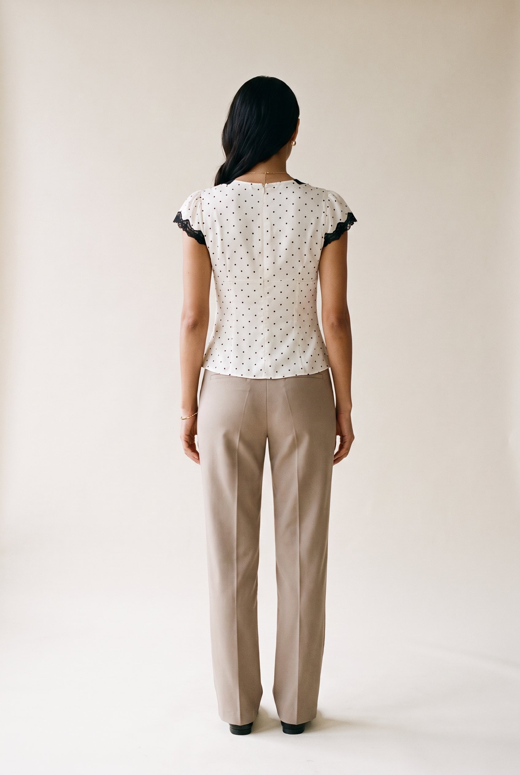 Polka Dot Satin Lace V Neck Top Cream