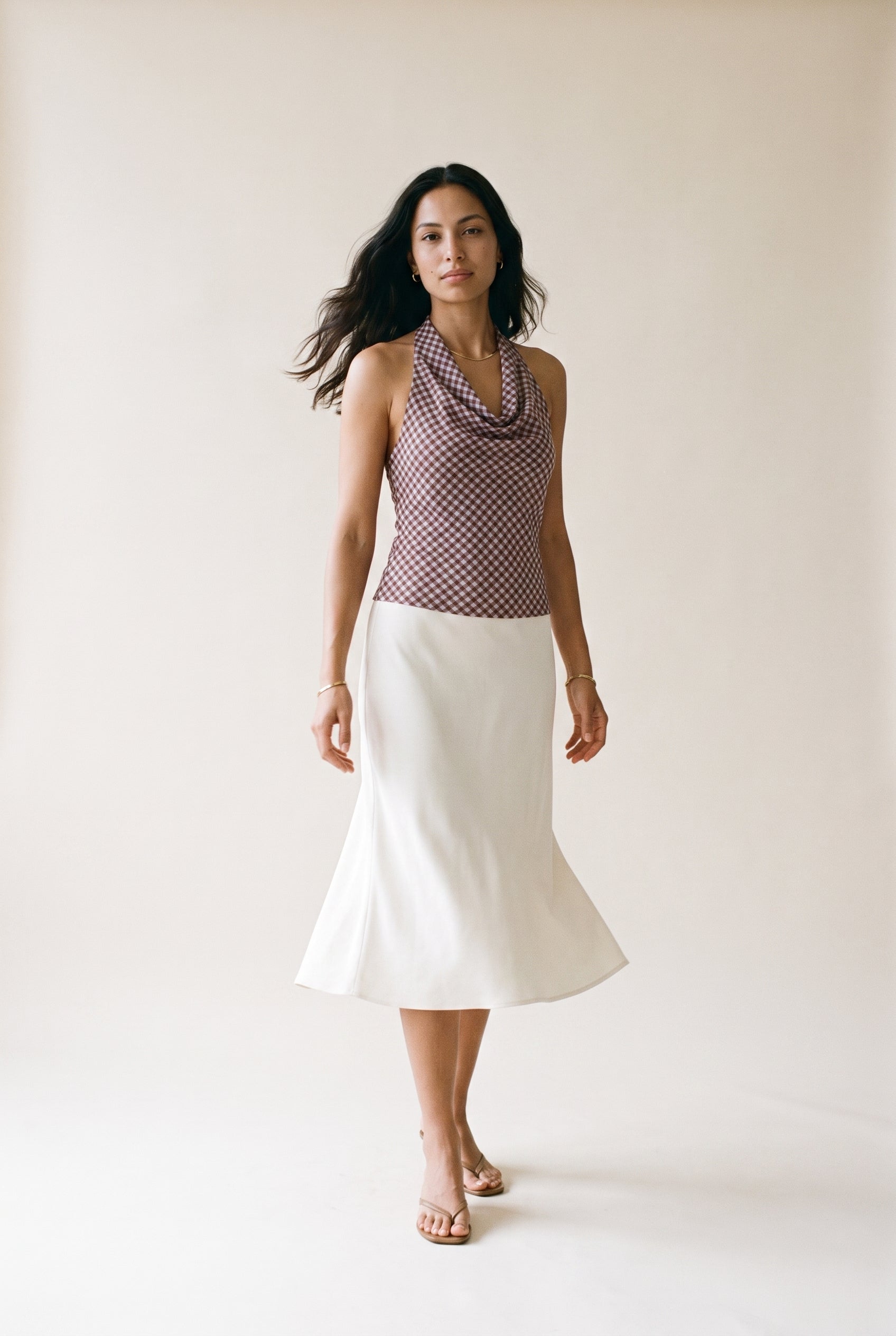 Halter Cowl Back Cut Out Top Lavender Brown Gingham