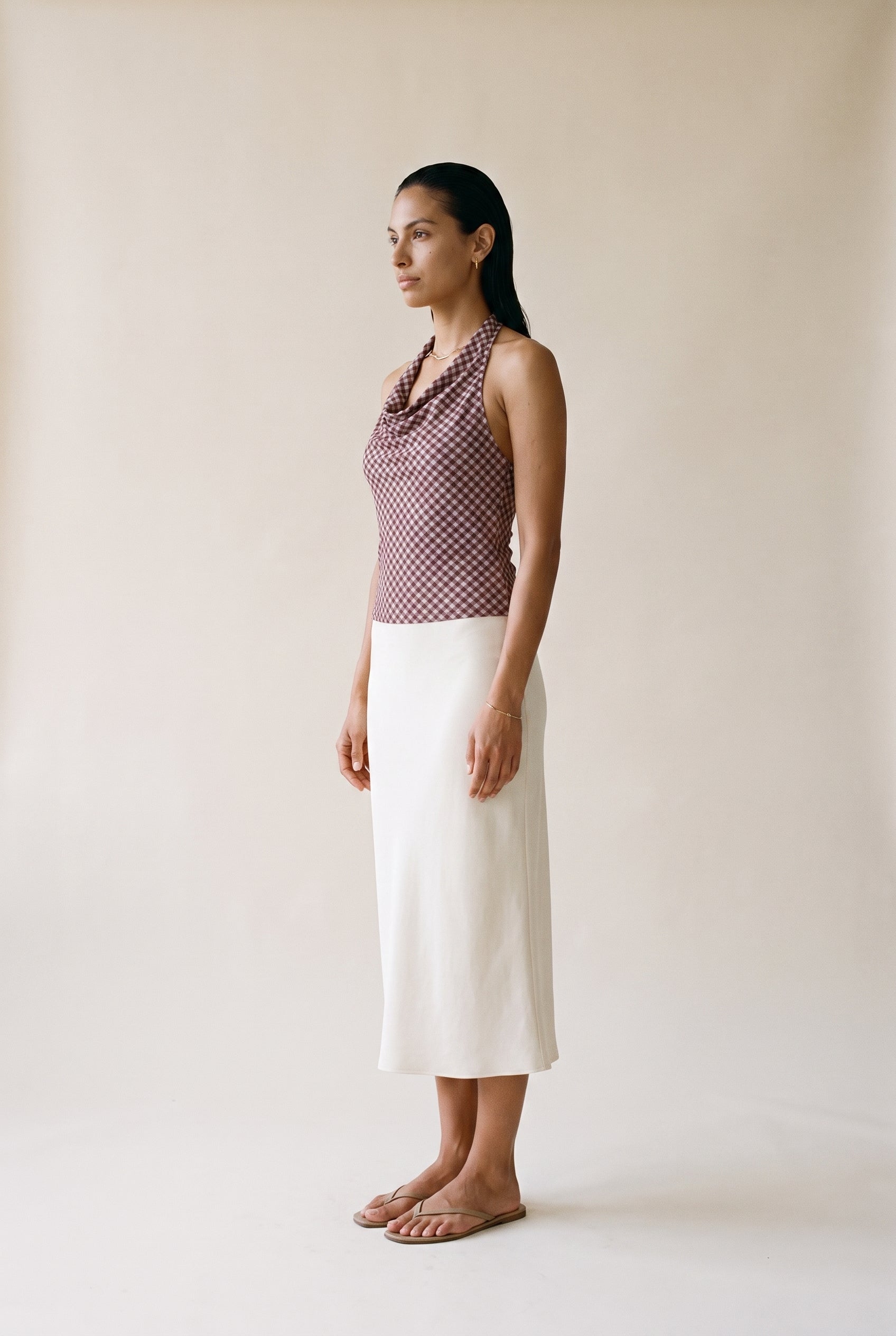 Halter Cowl Back Cut Out Top Lavender Brown Gingham