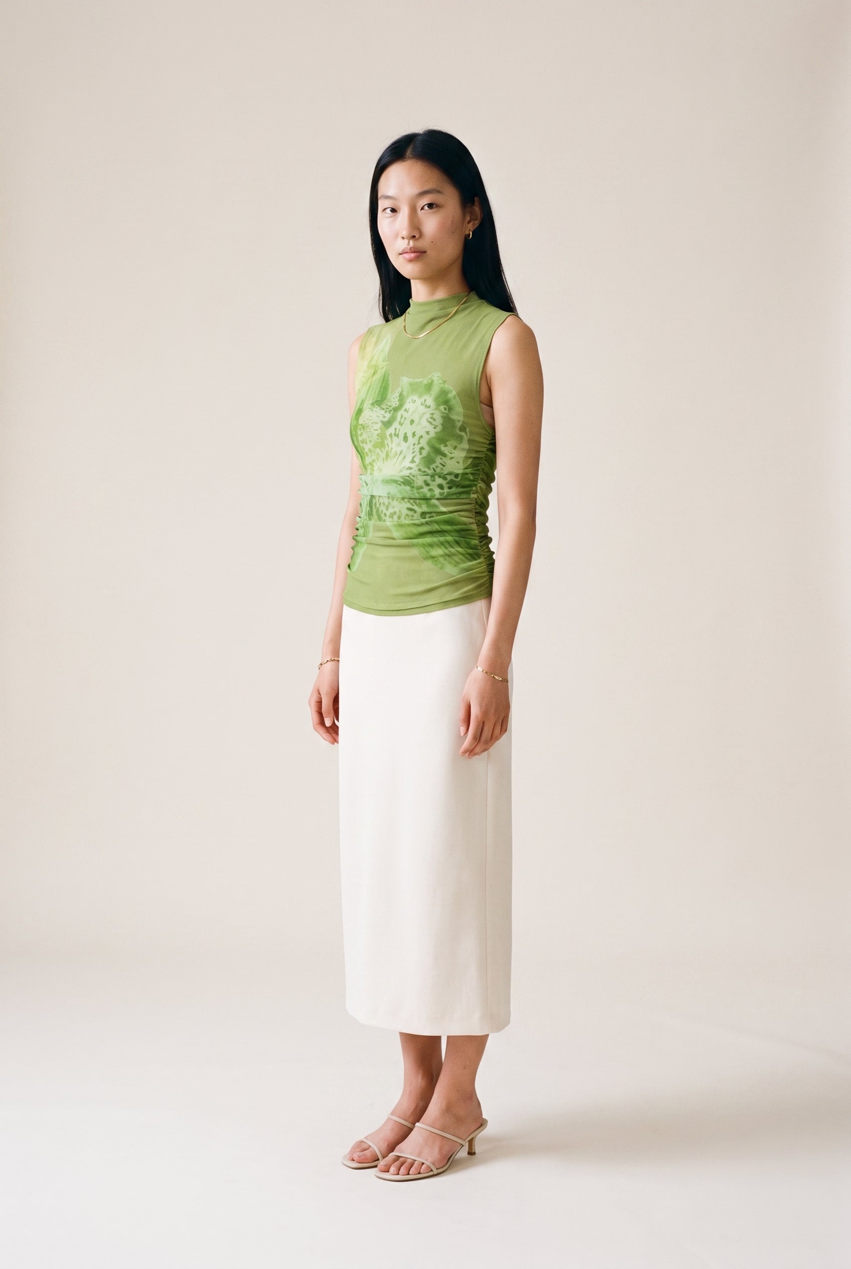 Drop Shoulder Mesh Top Green Floral