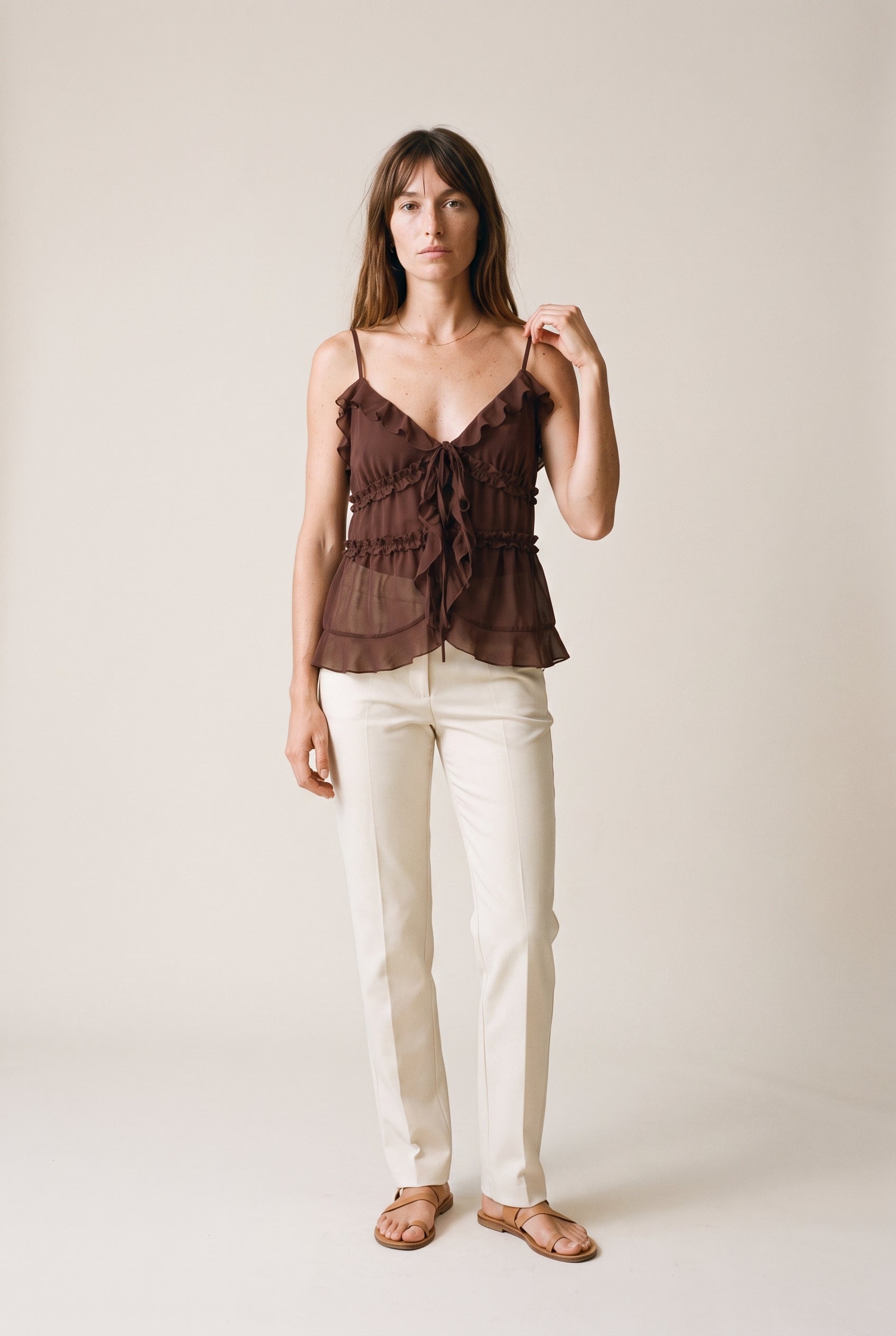 Ruffled Double Tie-Front Chiffon Cami Brown