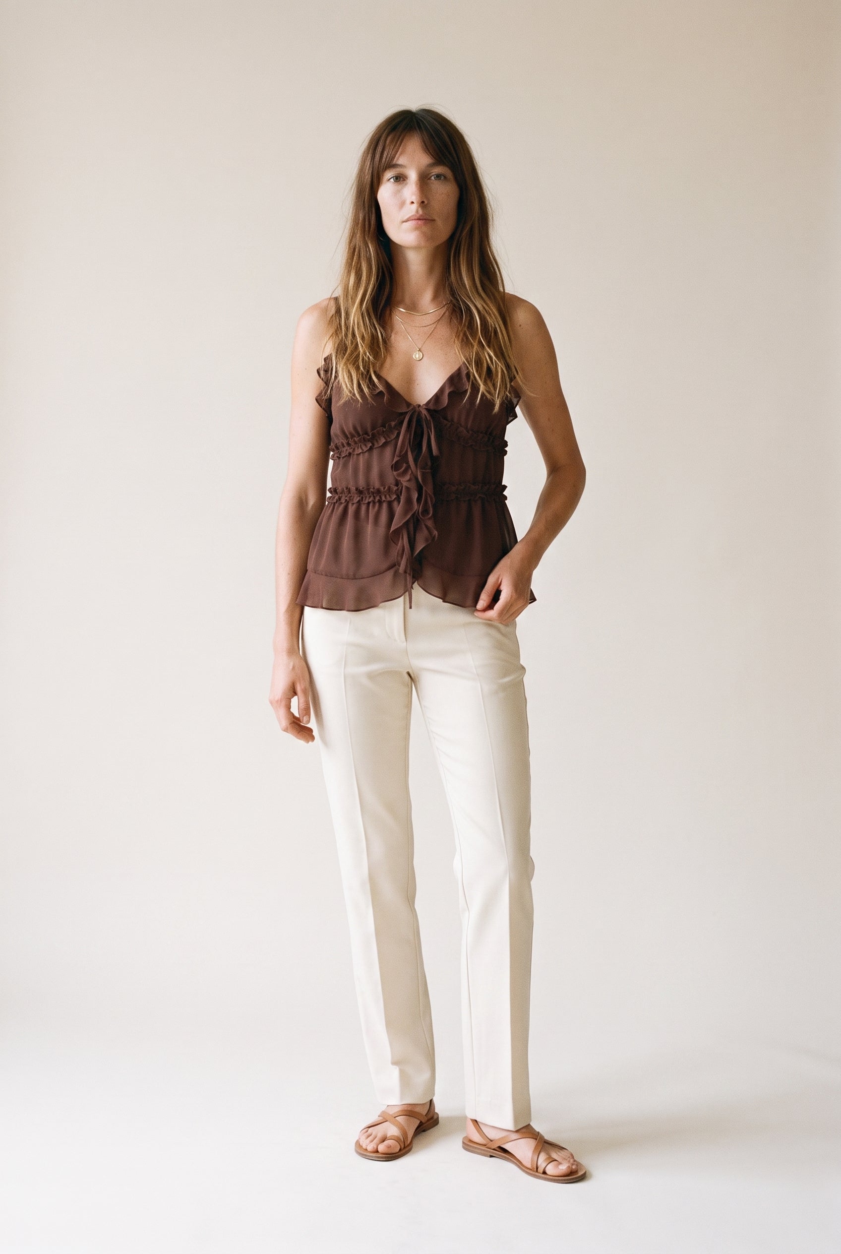Ruffled Double Tie-Front Chiffon Cami Brown