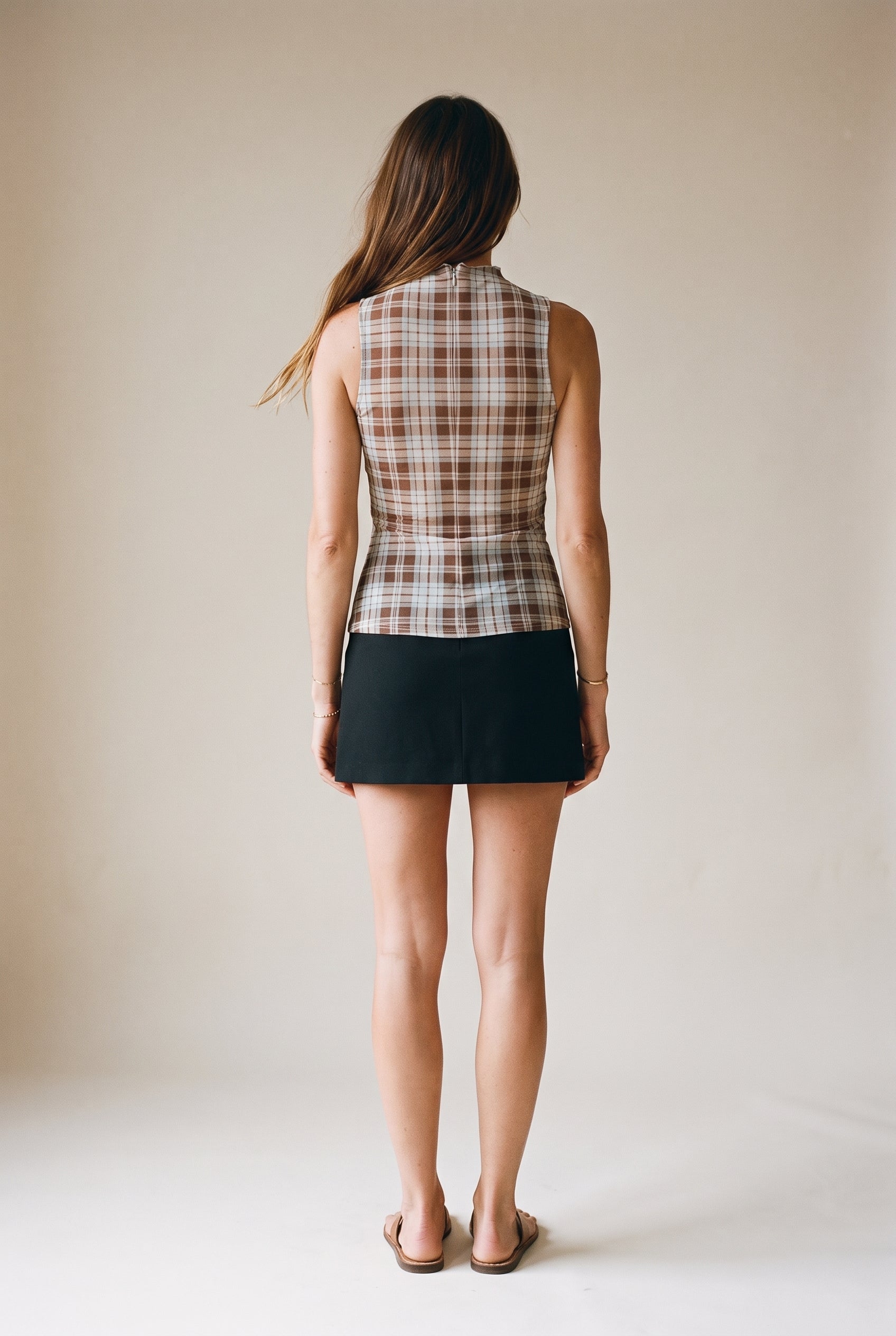 Mock Neck Sleeveless Power Mesh Plaid Top Coco Ivory Stripe
