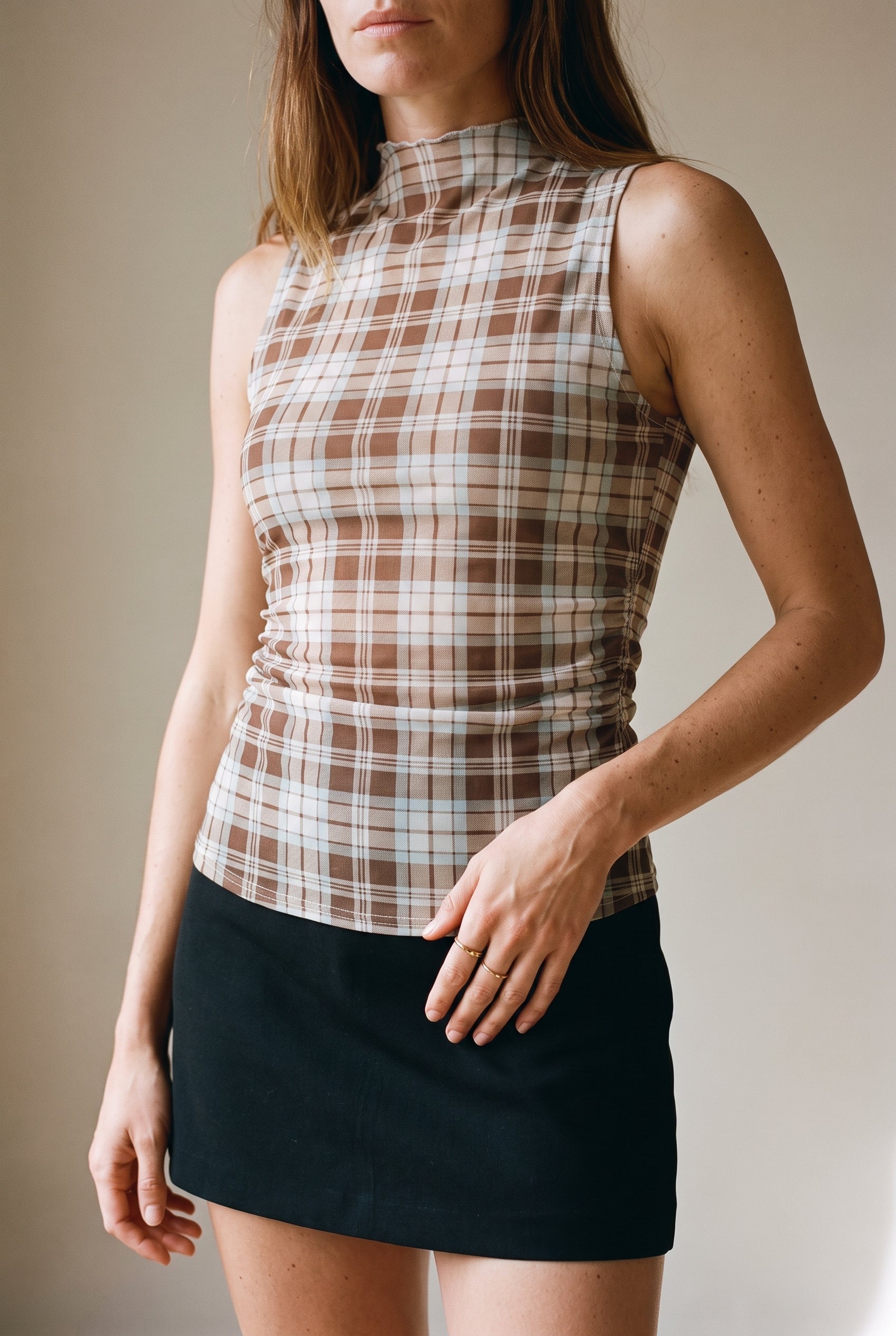 Mock Neck Sleeveless Power Mesh Plaid Top Coco Ivory Stripe