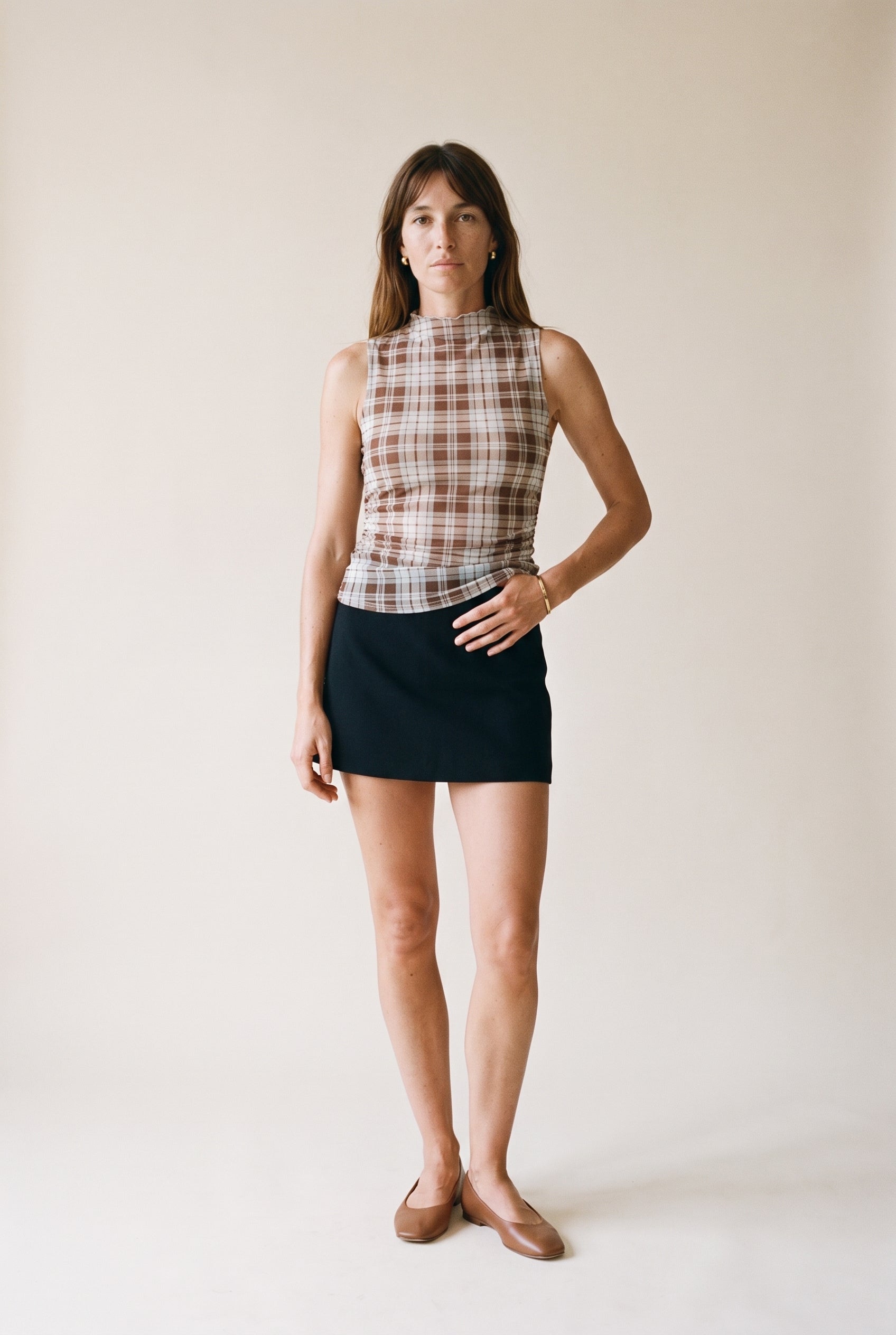 Mock Neck Sleeveless Power Mesh Plaid Top Coco Ivory Stripe