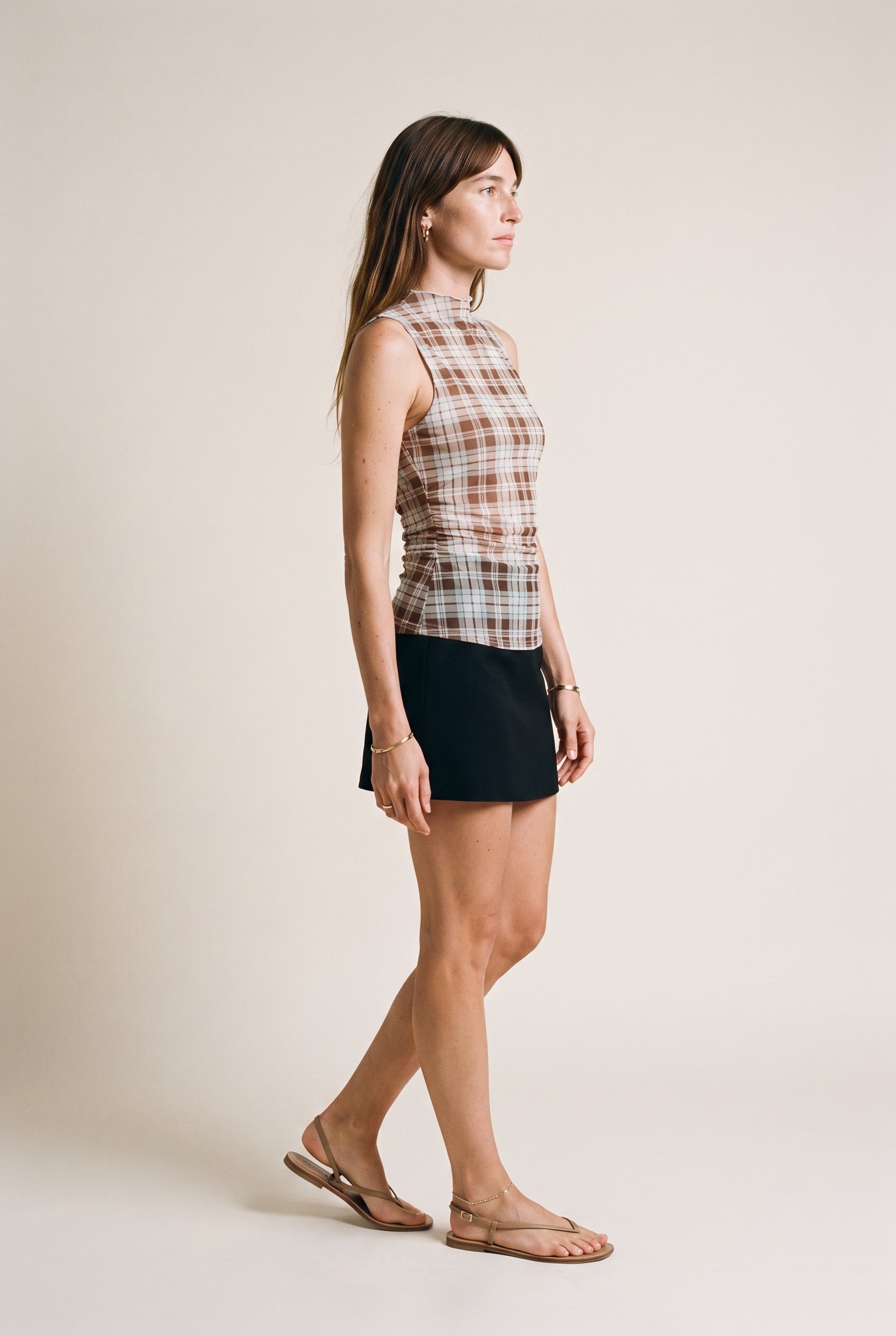 Mock Neck Sleeveless Power Mesh Plaid Top Coco Ivory Stripe