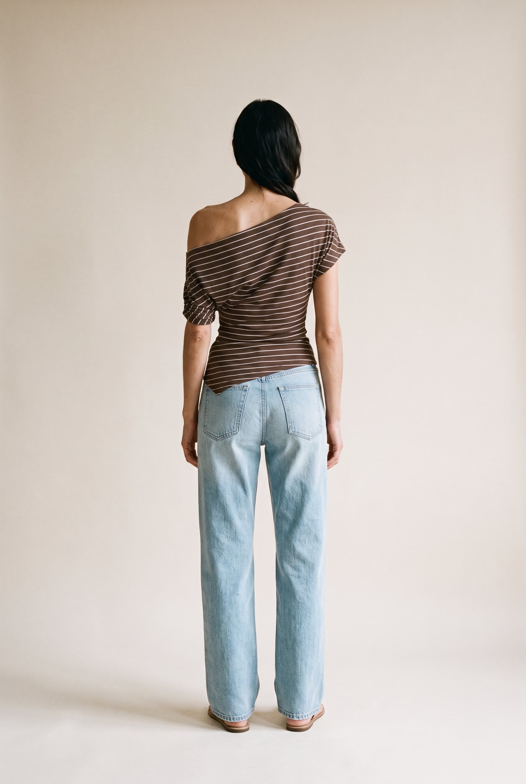 Asymmetrical Neck Ruching Shoulder Knit Top Brown Stripe