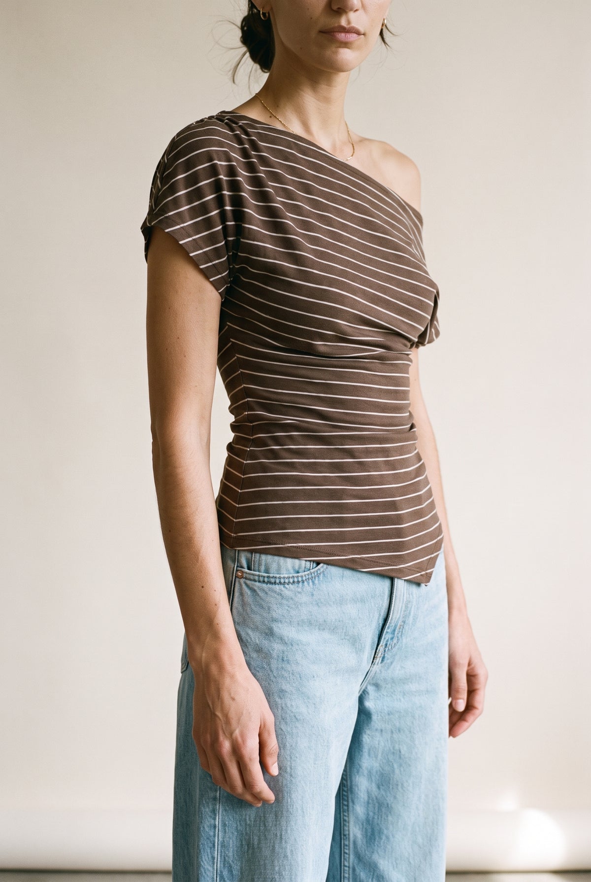 Asymmetrical Neck Ruching Shoulder Knit Top Brown Stripe