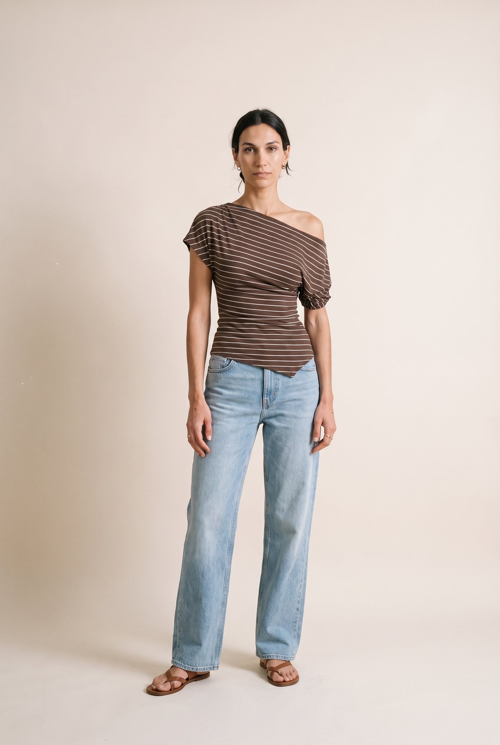 Asymmetrical Neck Ruching Shoulder Knit Top Brown Stripe