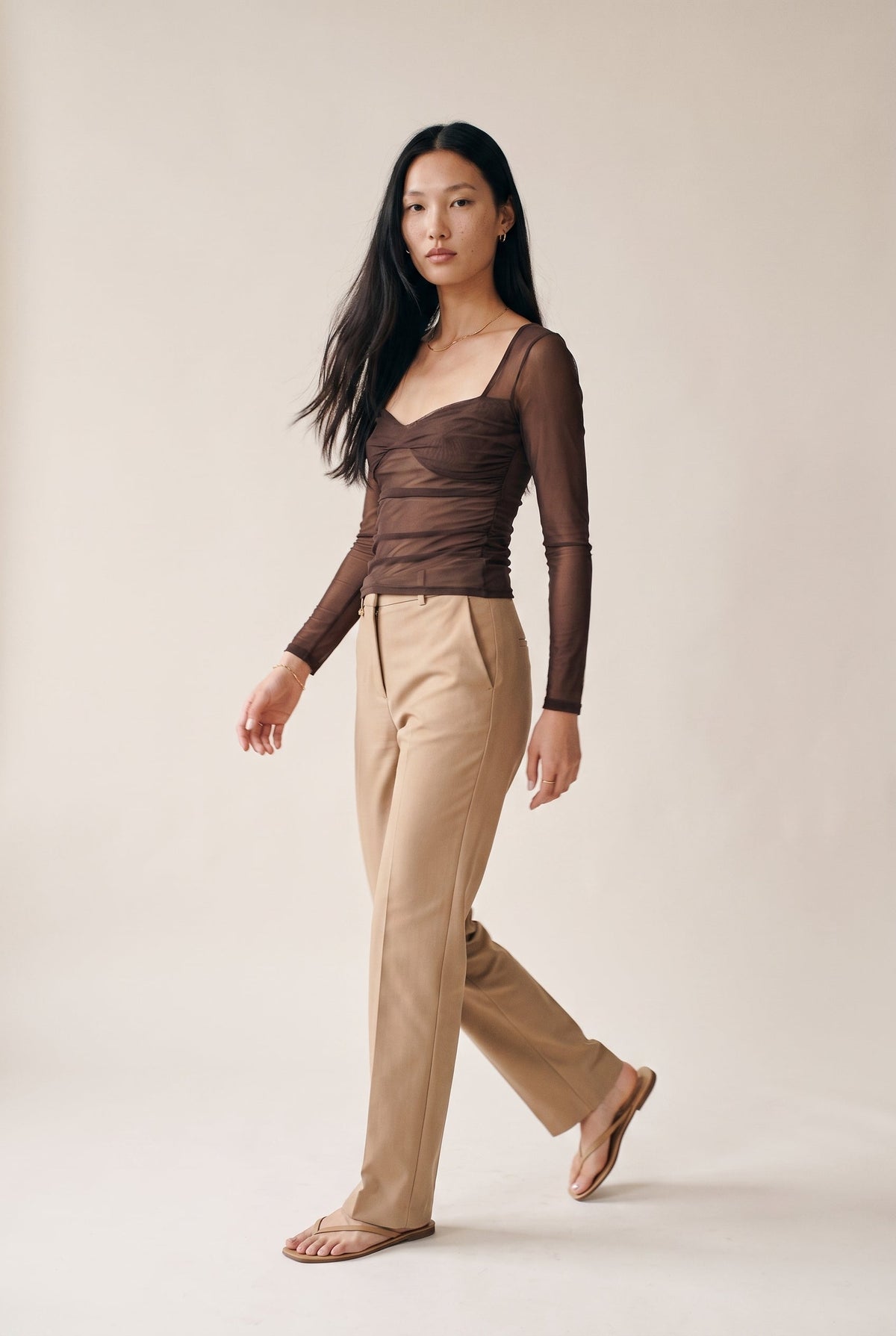 Long Sleeve Twist Front Mesh Top Fore Collection