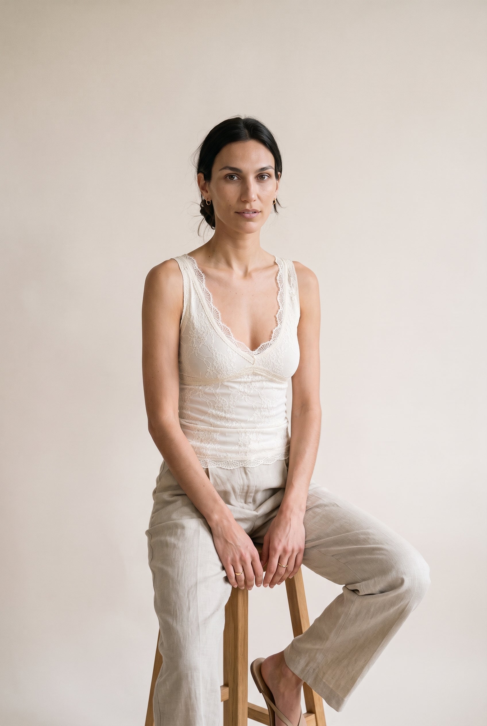 Lace Sleeveless V Neck Top Ivory