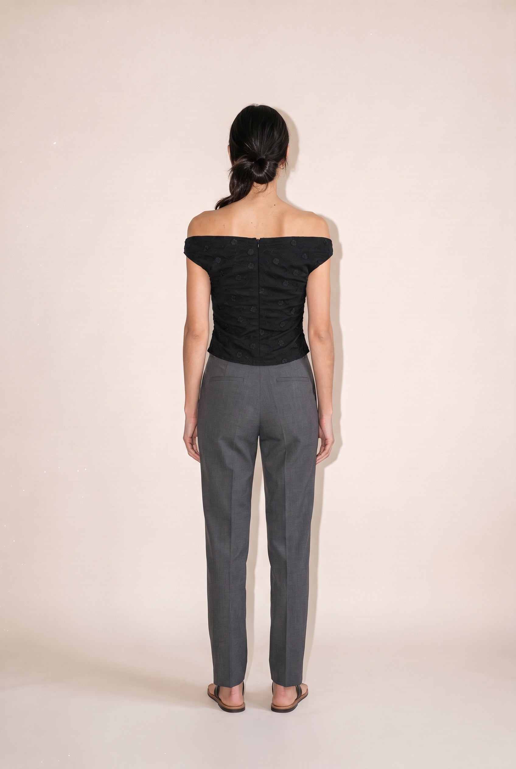 Off Shoulder Ruched Textured Knit Top Black