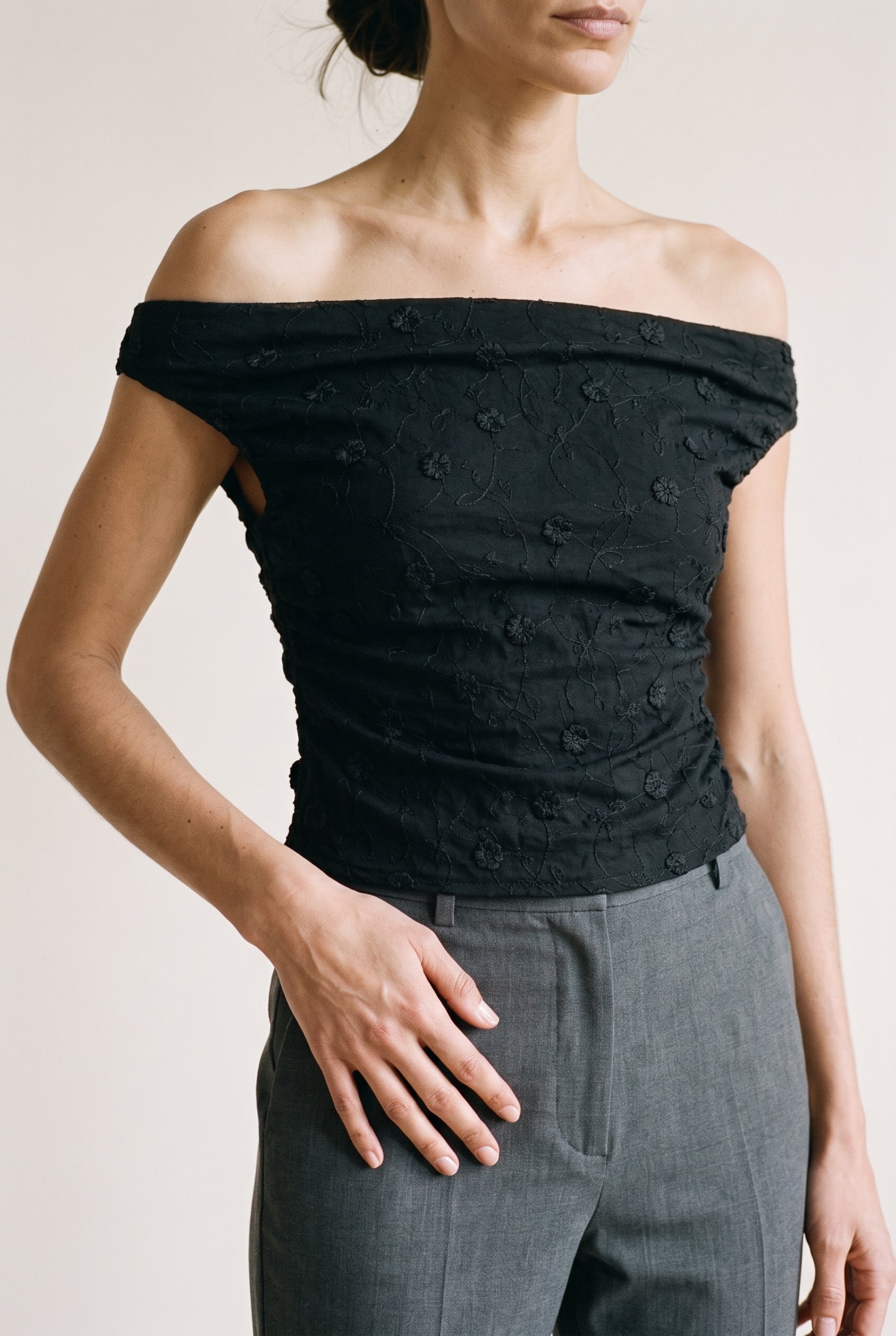 Off Shoulder Ruched Textured Knit Top Black