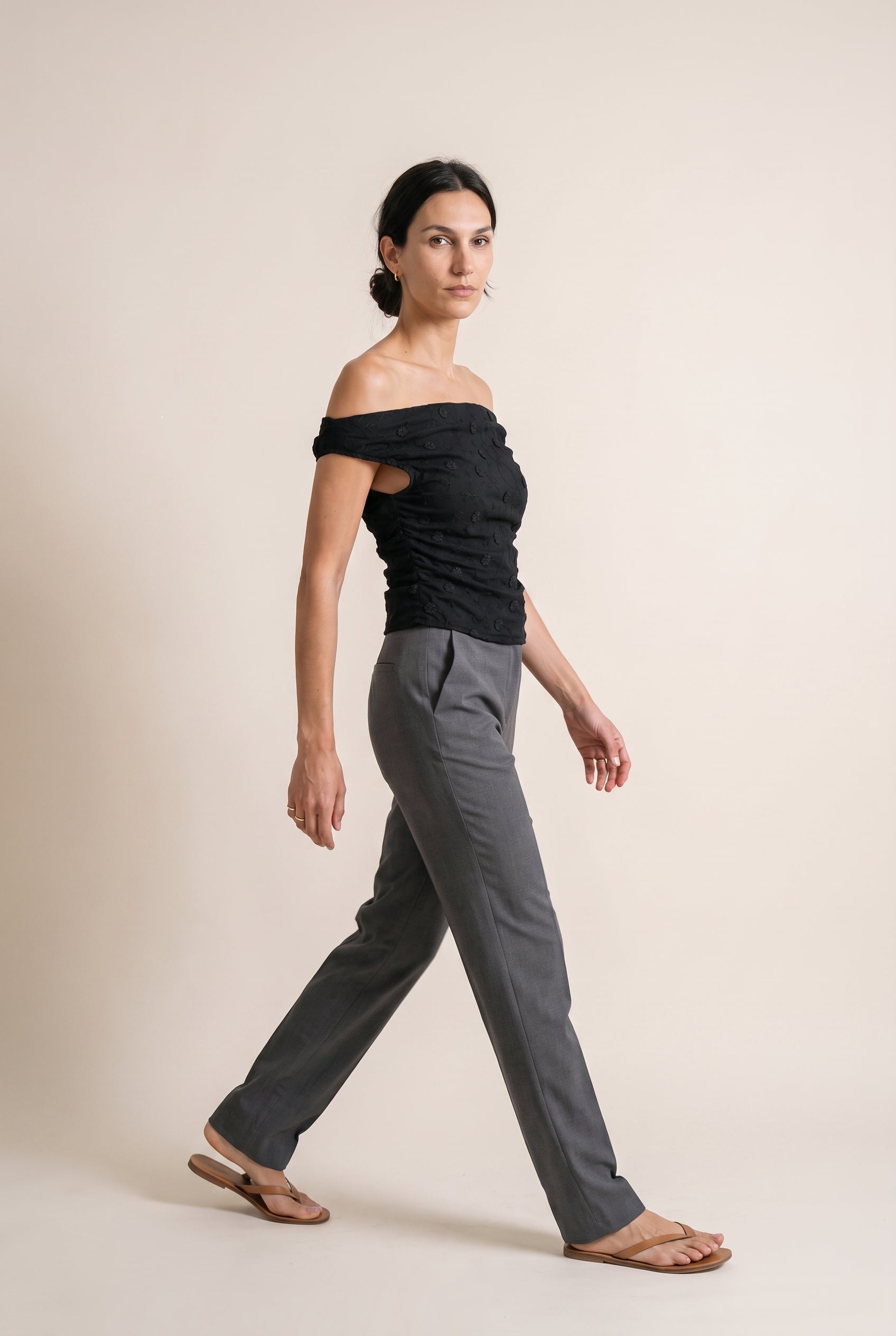 Off Shoulder Ruched Textured Knit Top Black
