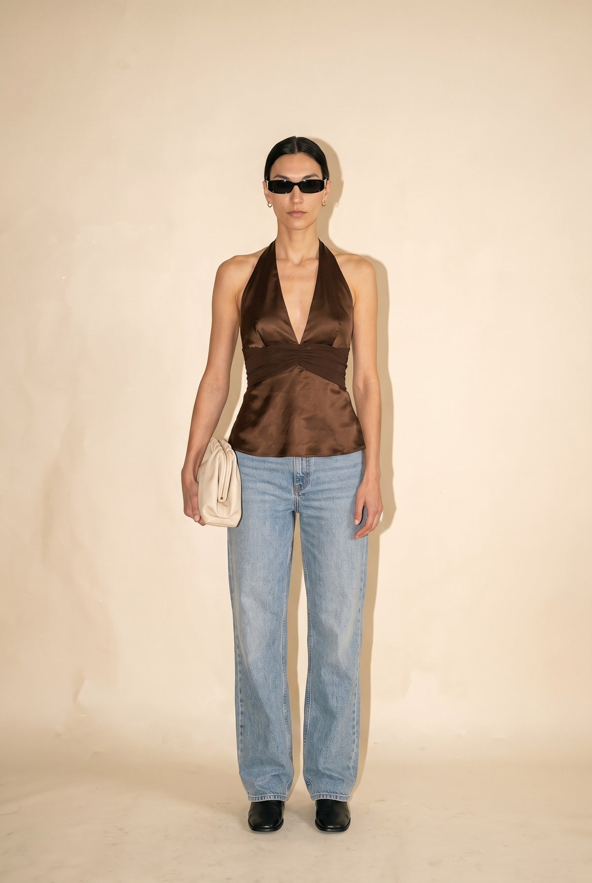 Satin Halterneck Top in espresso — front