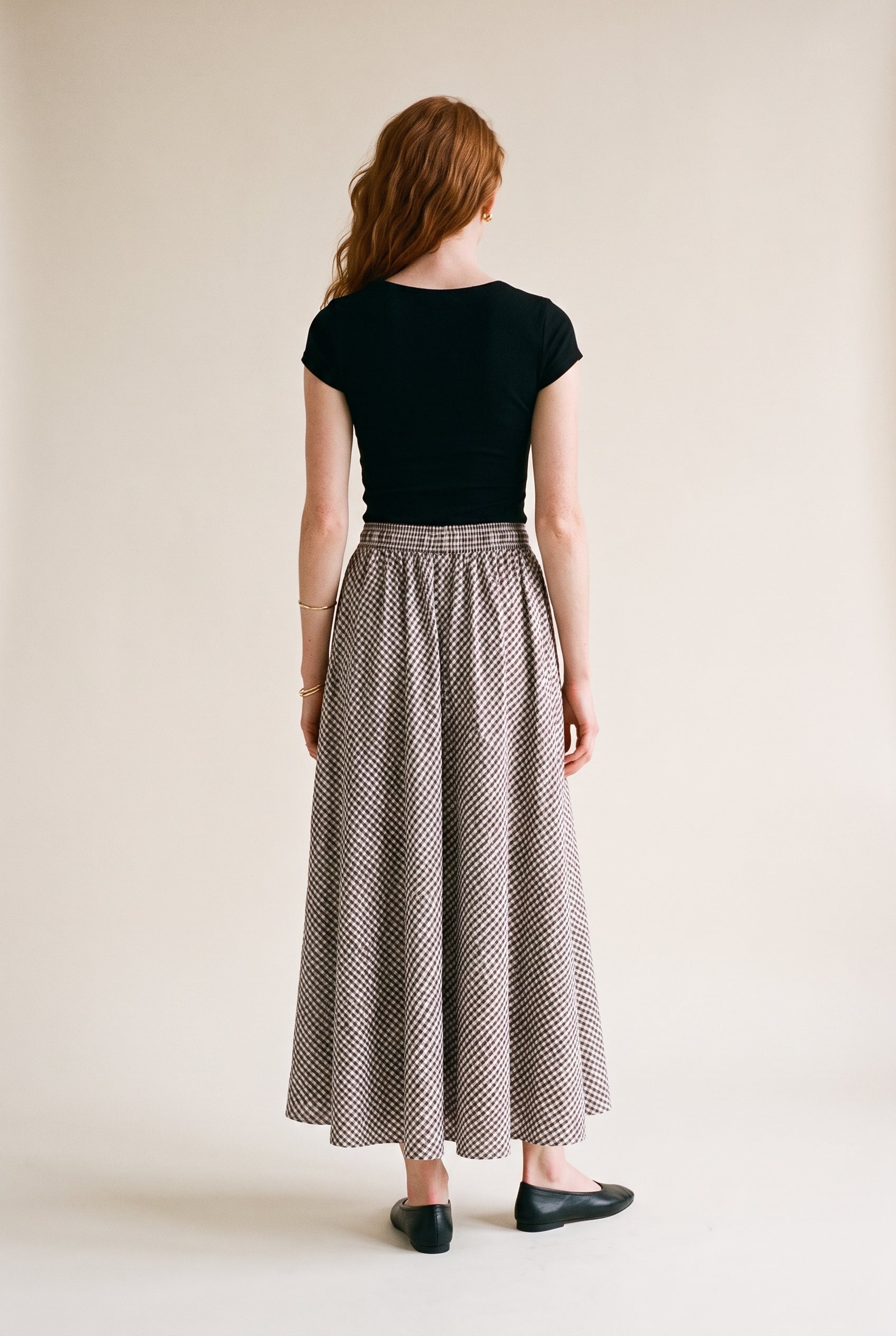 Cotton Blend Pull On Midi Skirt In Gingham