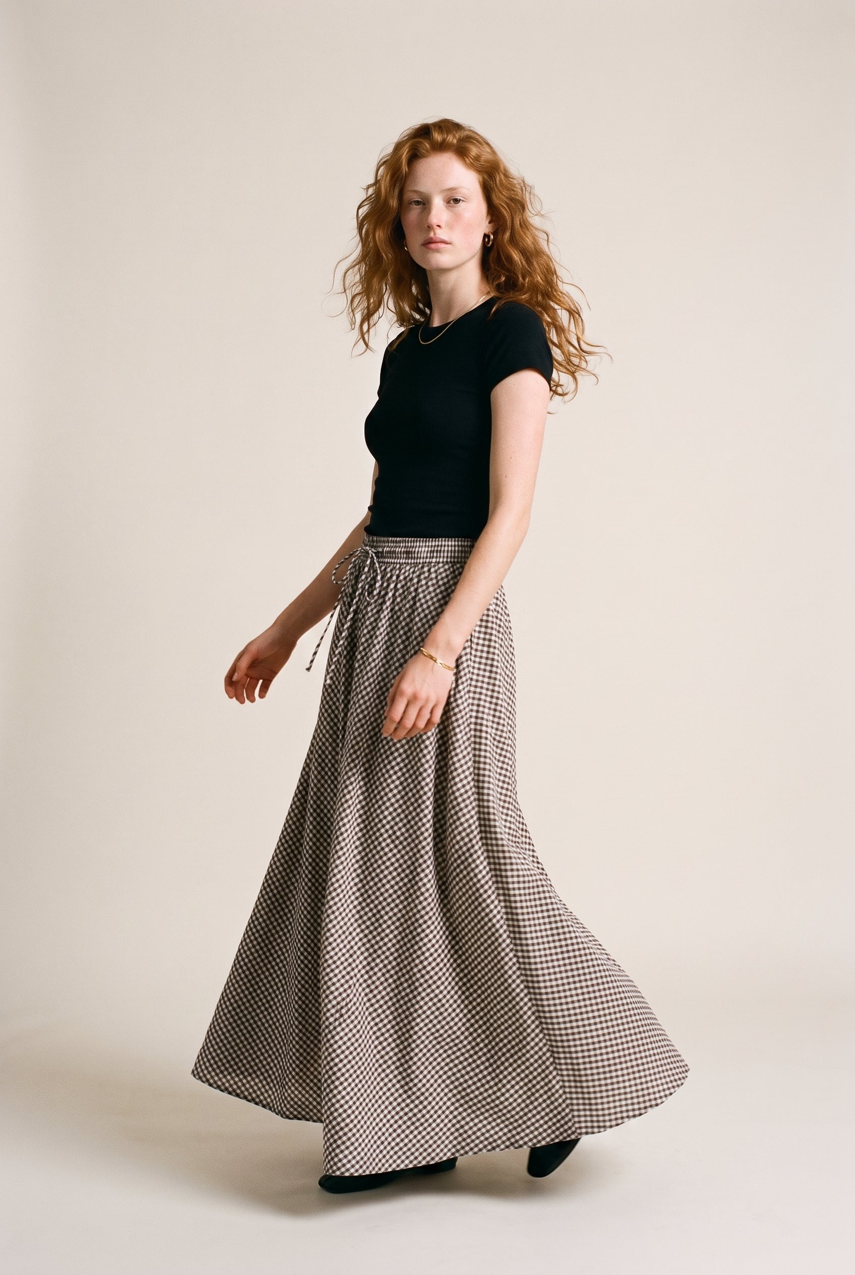 Cotton Blend Pull On Midi Skirt In Gingham