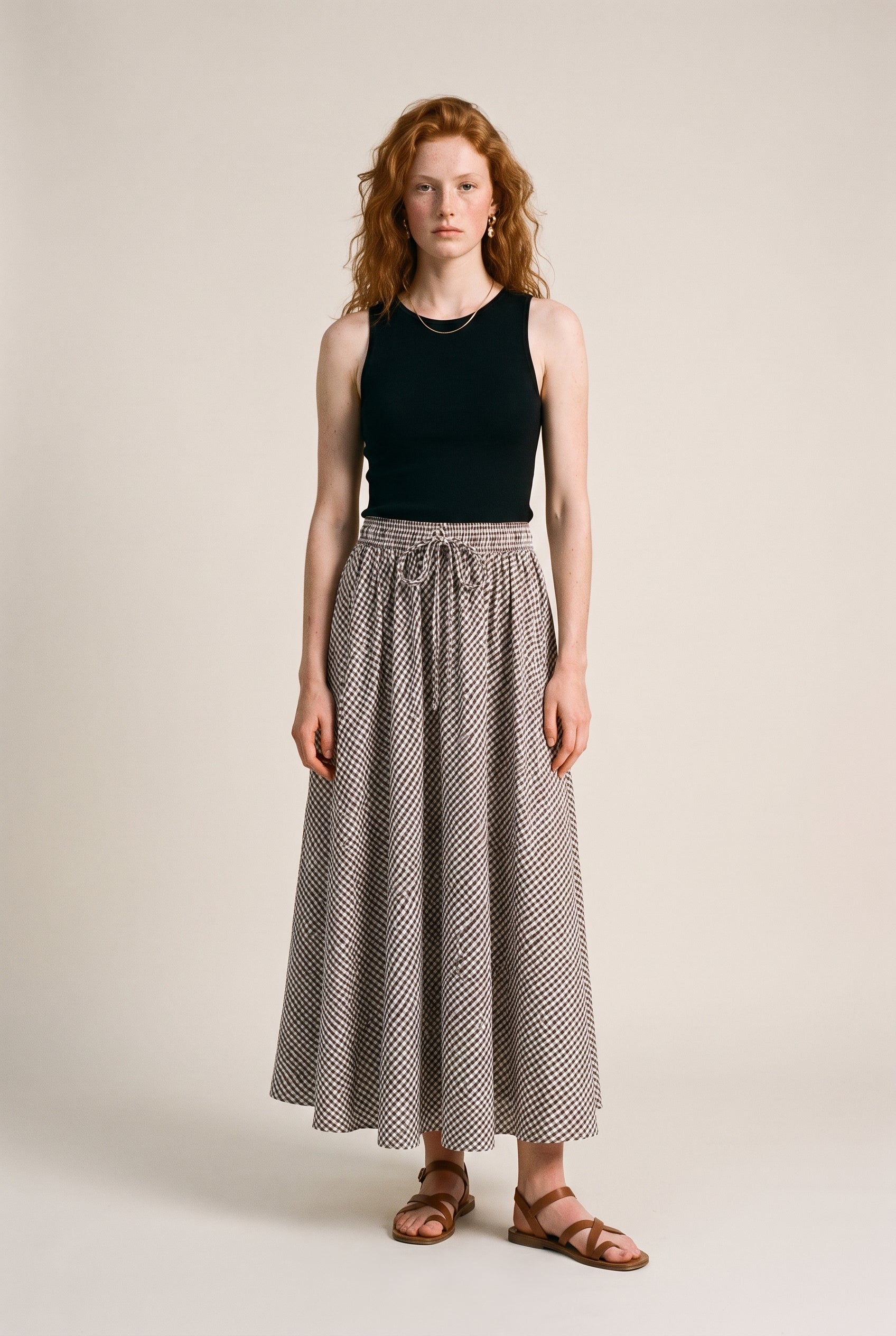 Cotton Blend Pull On Midi Skirt In Gingham