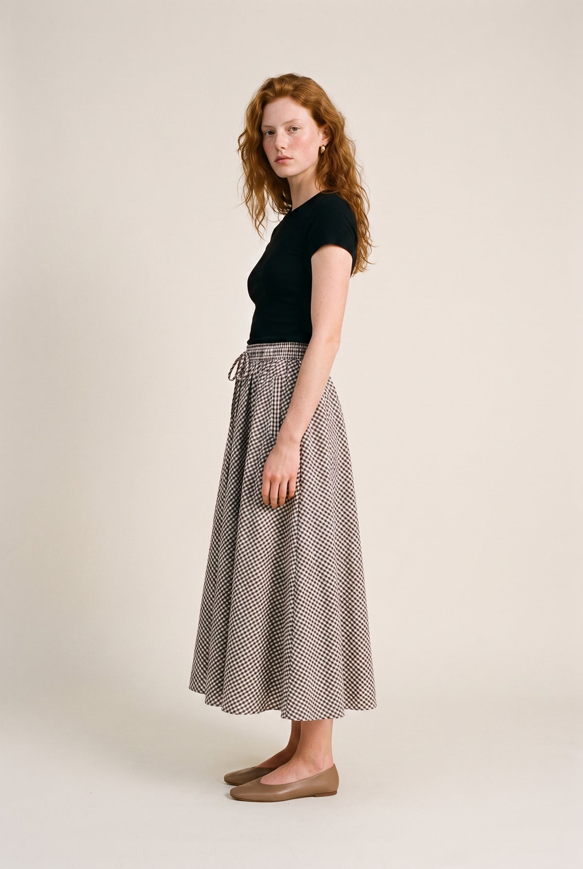 Cotton Blend Pull On Midi Skirt In Gingham