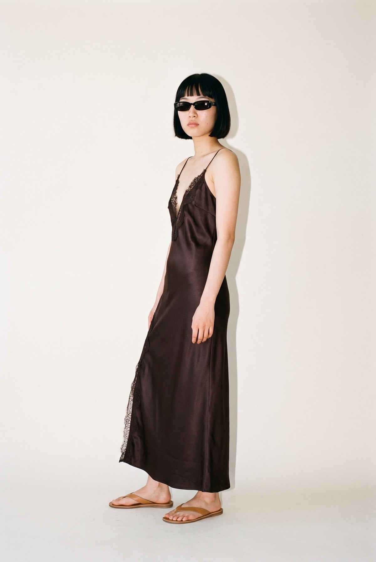 Monroe Deep Plunge Satin Lace Trim Midi Dress 29 28