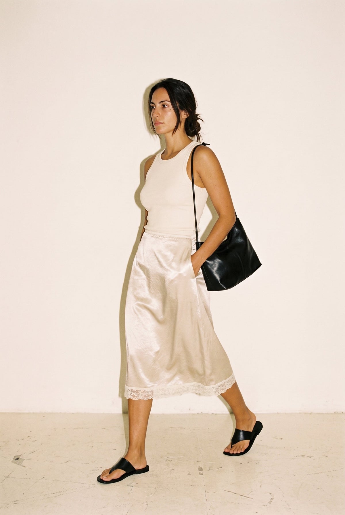 Satin Lace Trim Midi Skirt Slow High