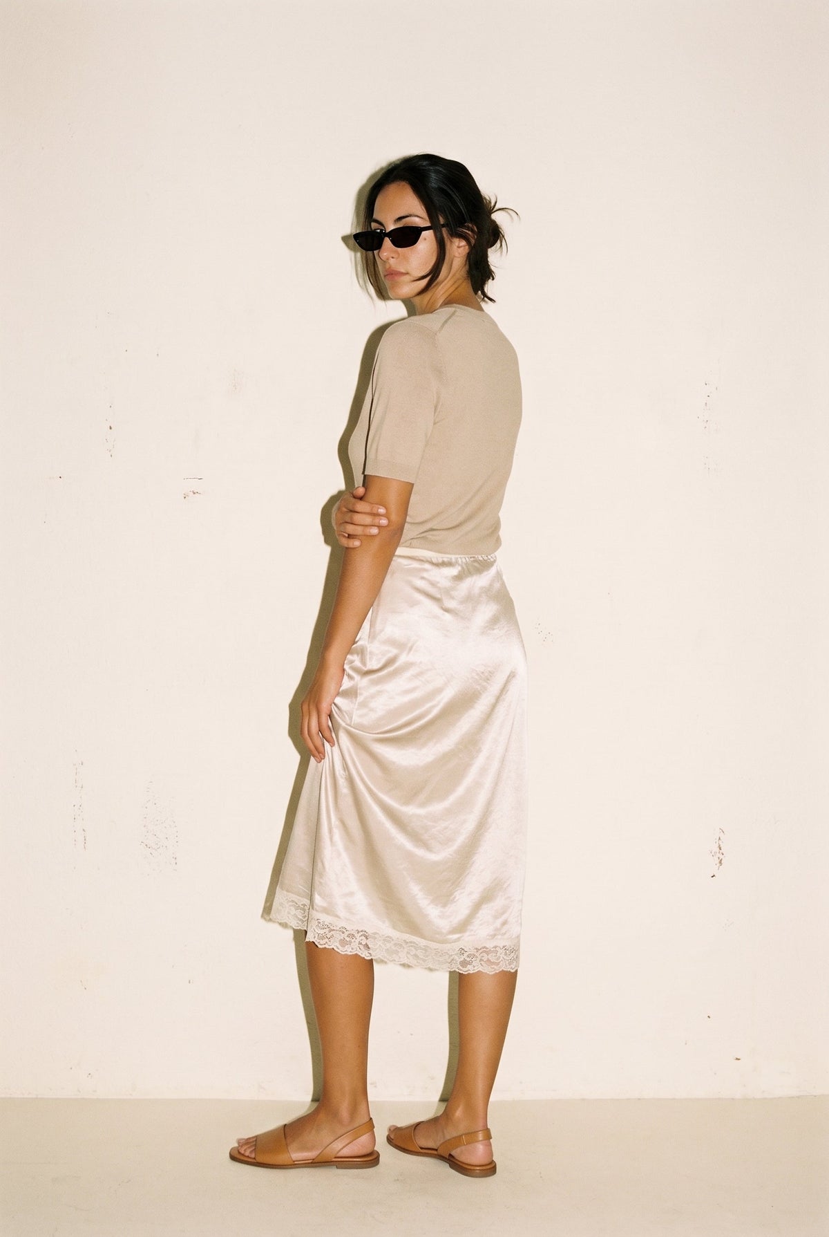 Satin Lace Trim Midi Skirt Slow High