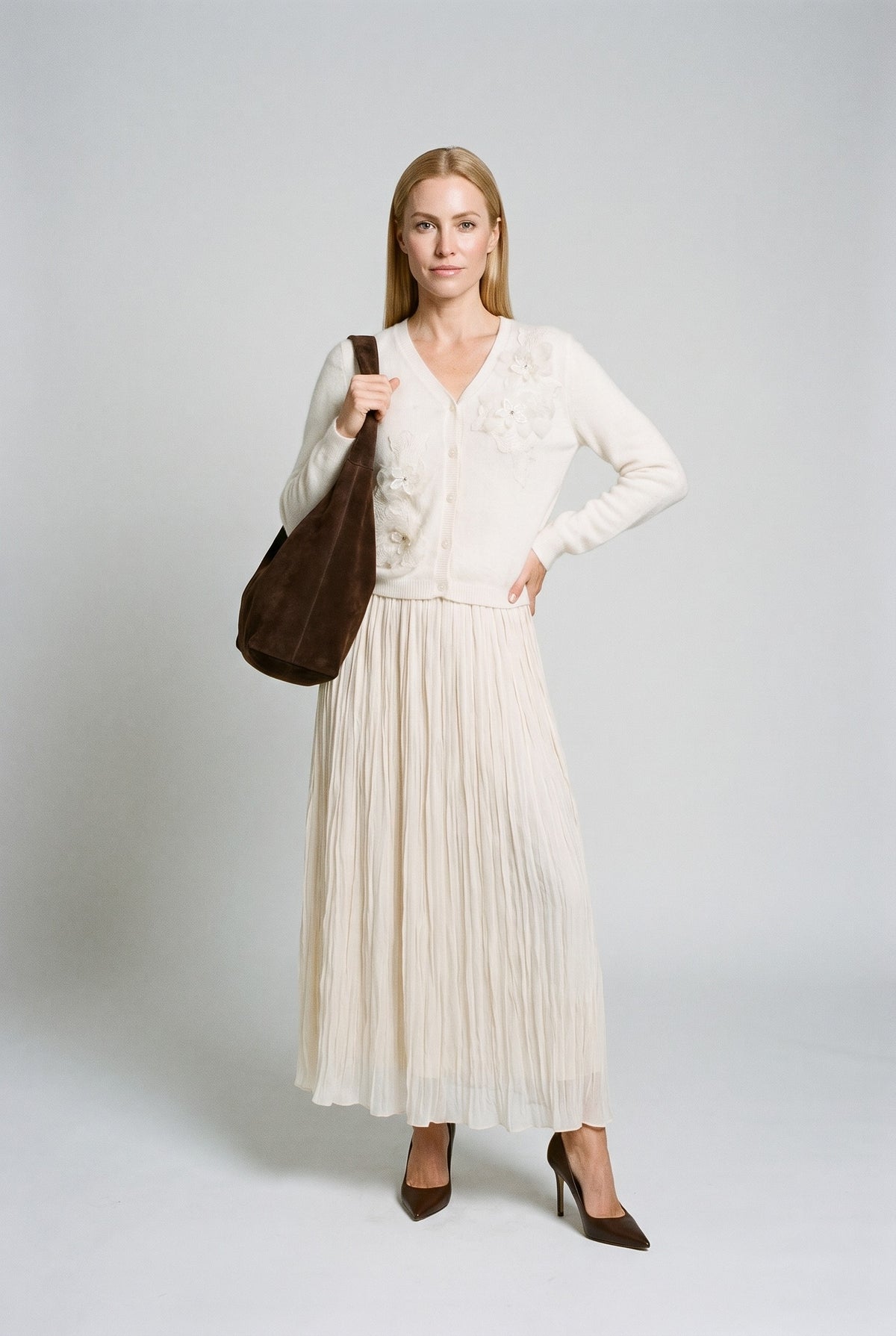 Delphine Soft Knit Cardigan Beige — 067866